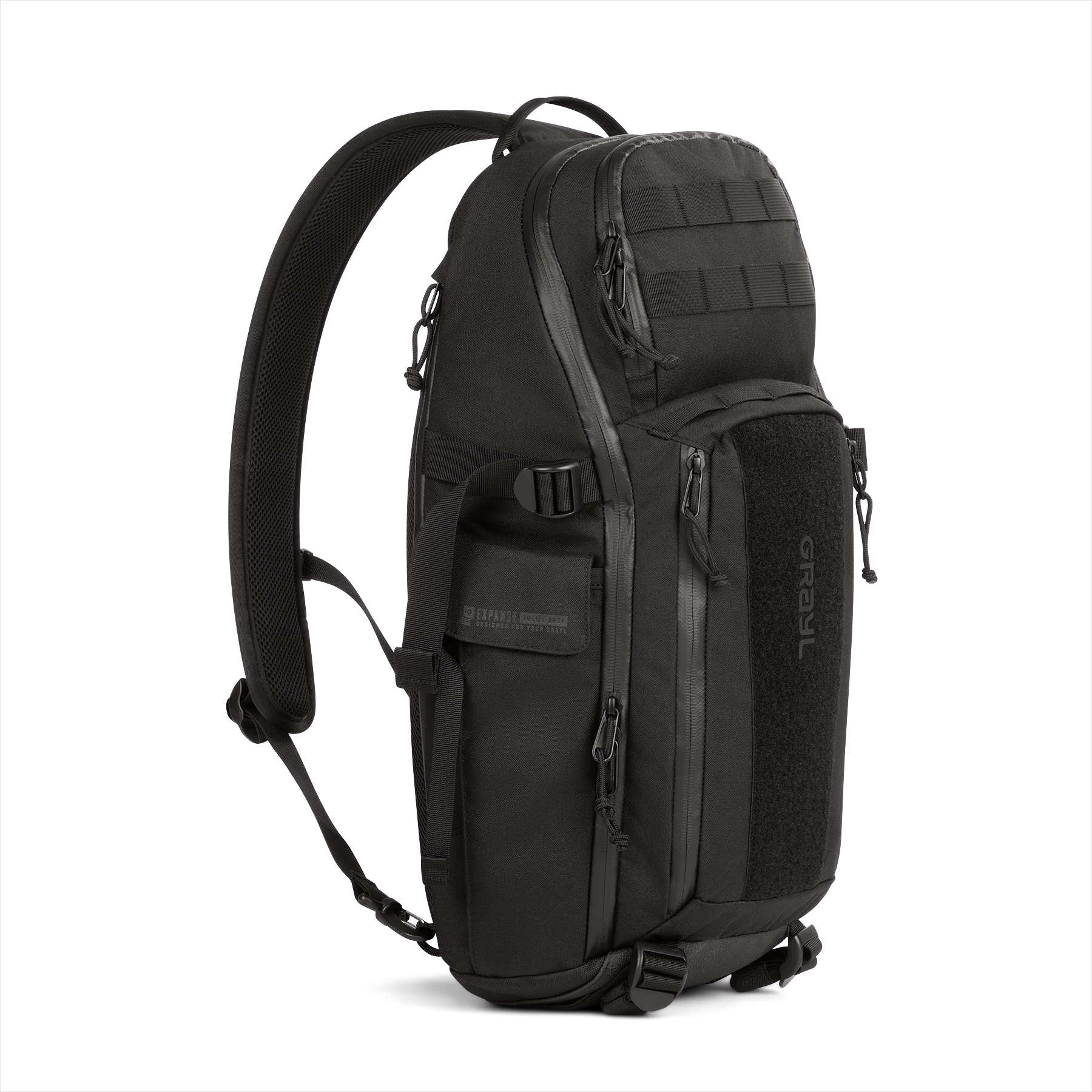 Schwarzer GRAYL Transport EXP Sling Daypack mit schlankem Design, YKK-Reißverschlüssen und modularen Organisationsschlaufen.