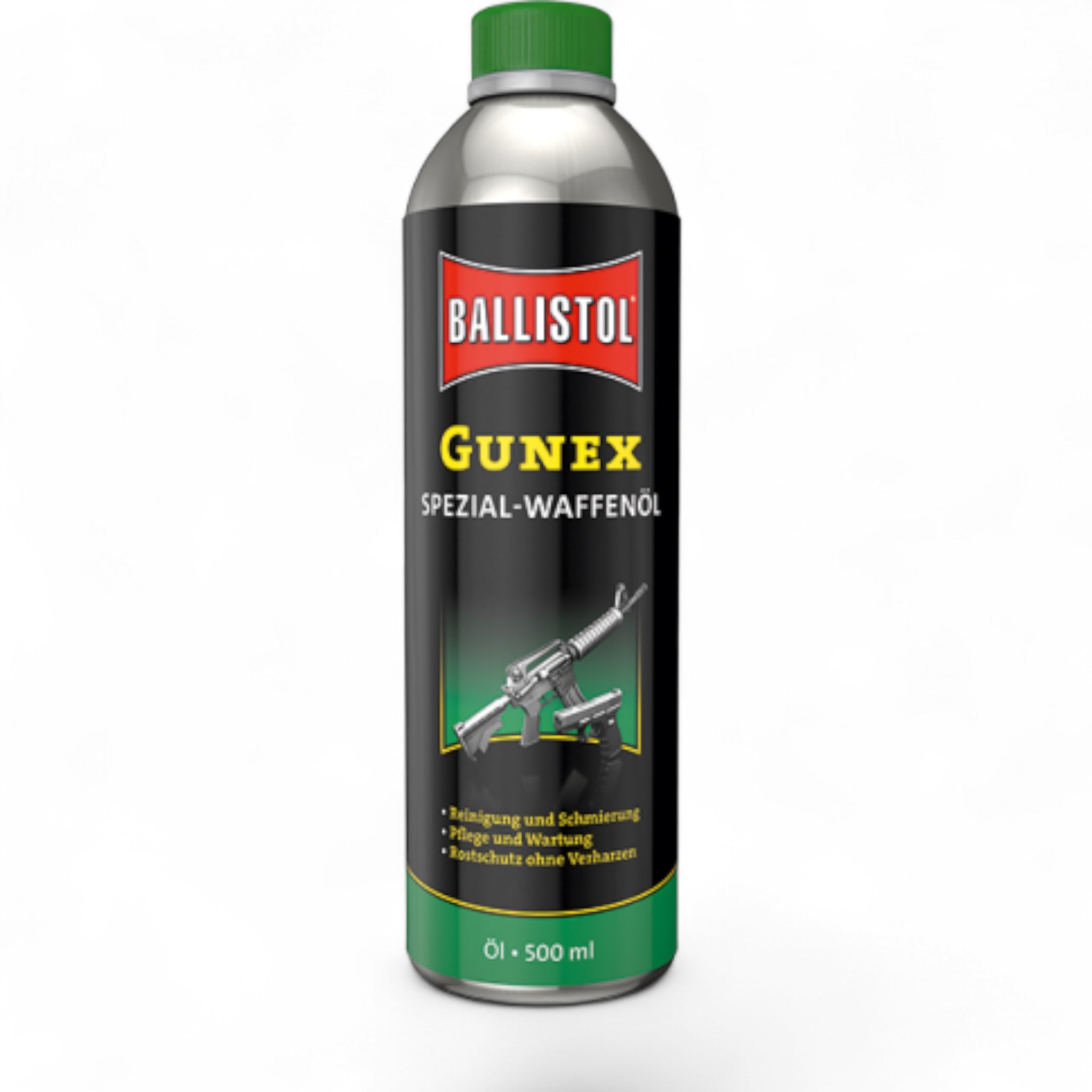 Silberne 500-ml-Metalldose Ballistol Gunex Spezial-Waffenöl mit grünem Deckel und schwarzem Etikett, Bild einer Jagdwaffe.