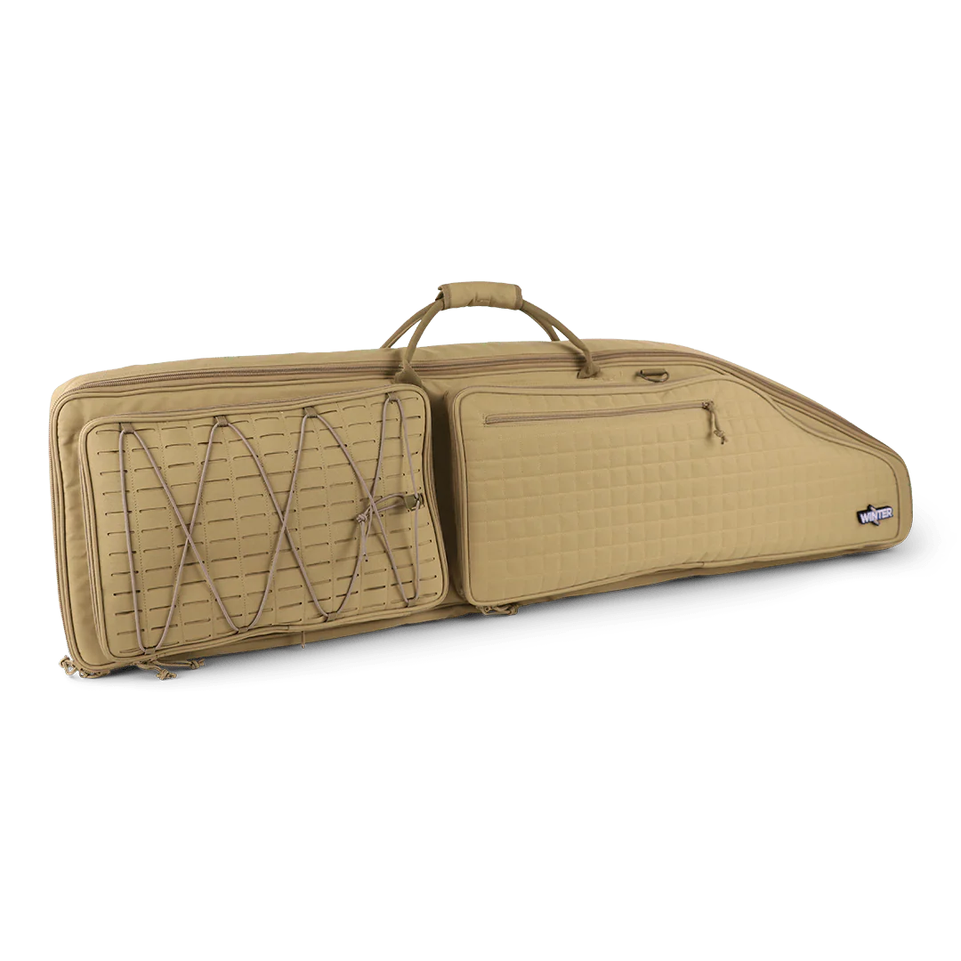 Beige Winter Guncases Gewehrtasche 110 cm aus robustem Material mit zwei Fronttaschen, elastischem Spanngurt und Tragegriff.
