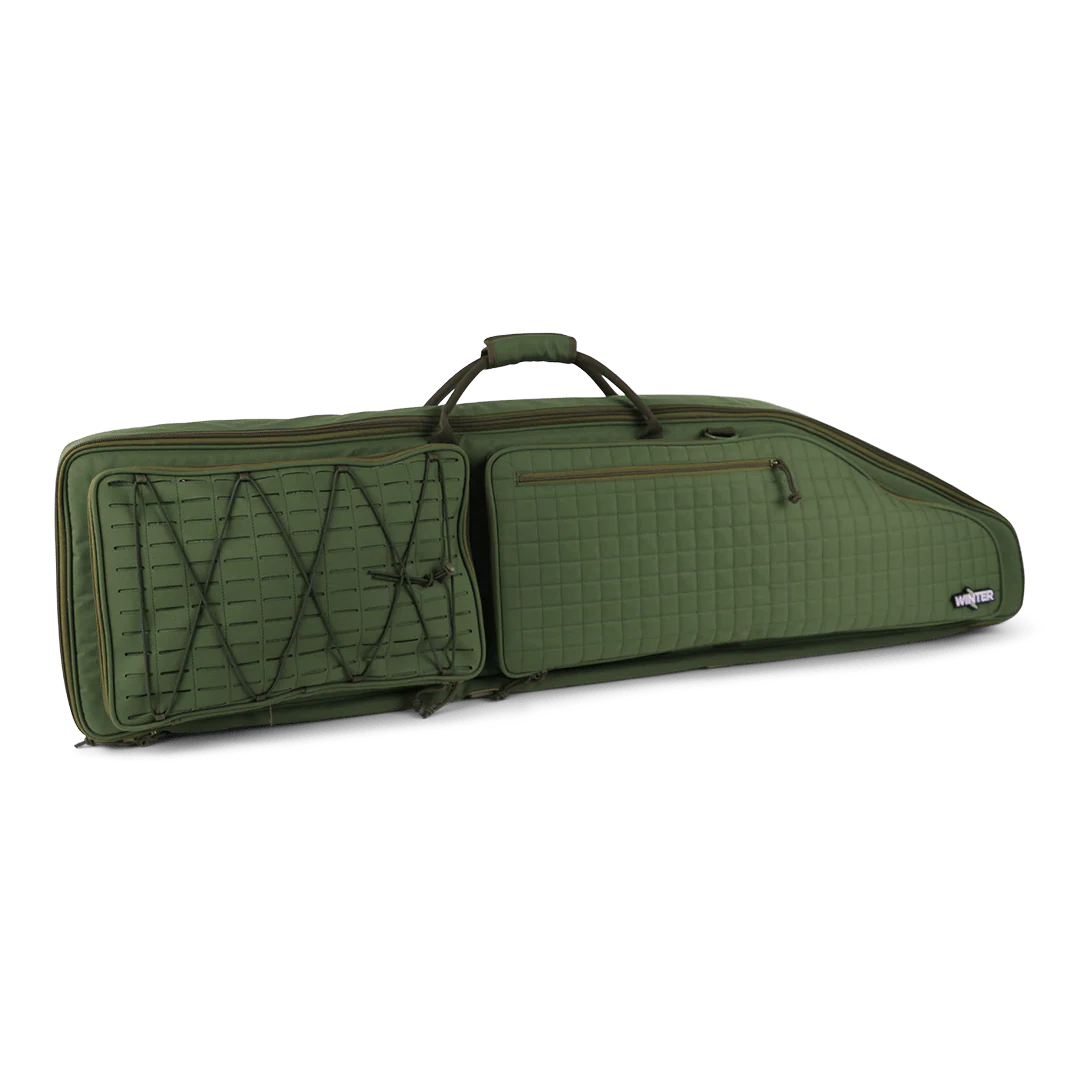 Grün-olivfarbene Gewehrtasche 110 cm mit gepolstertem Griff, MOLLE-System und Fronttaschen mit Reißverschluss.