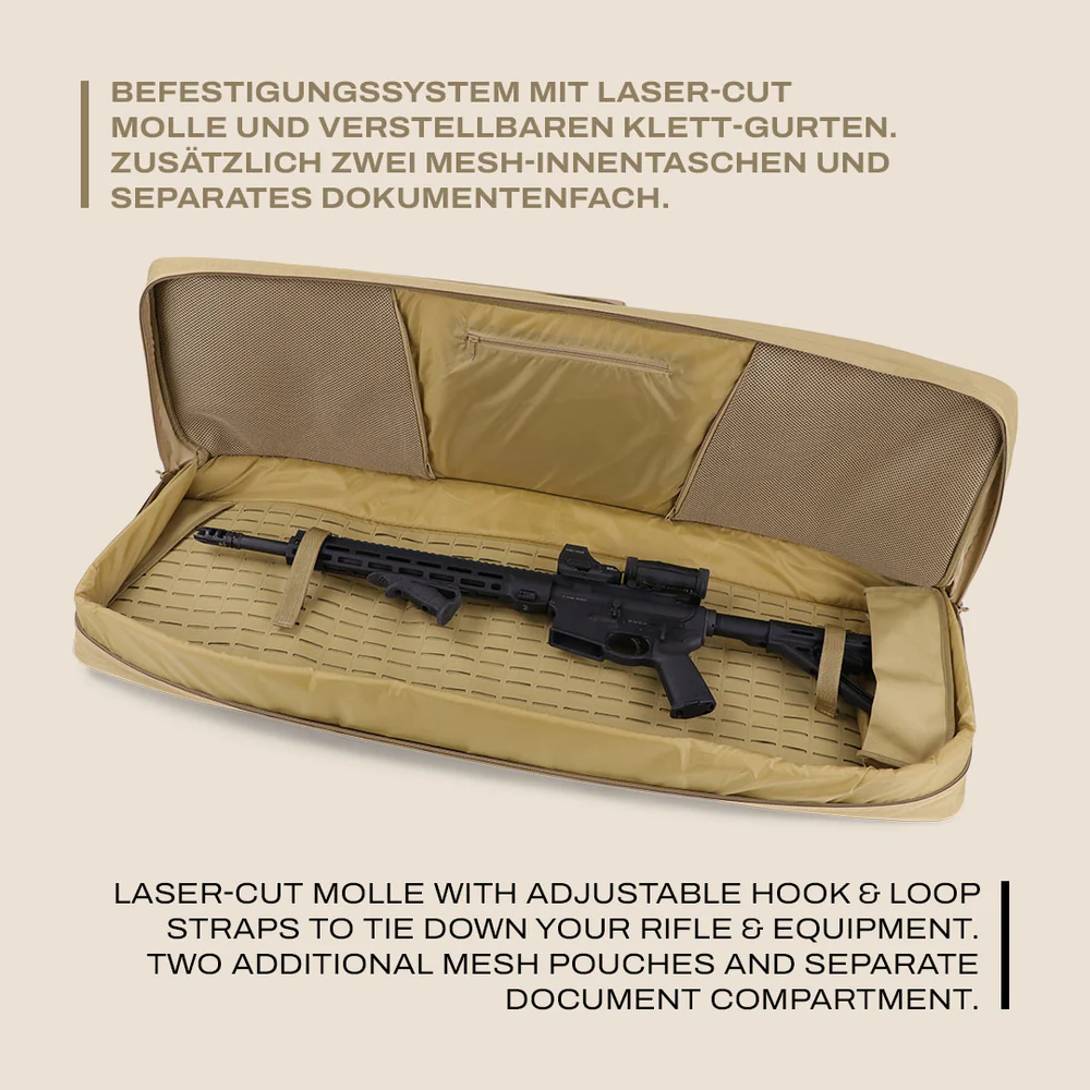 Beige taktische Gewehrtasche 110 cm mit Laser-Cut Molle, verstellbaren Klettgurten, zwei Mesh-Innentaschen und.