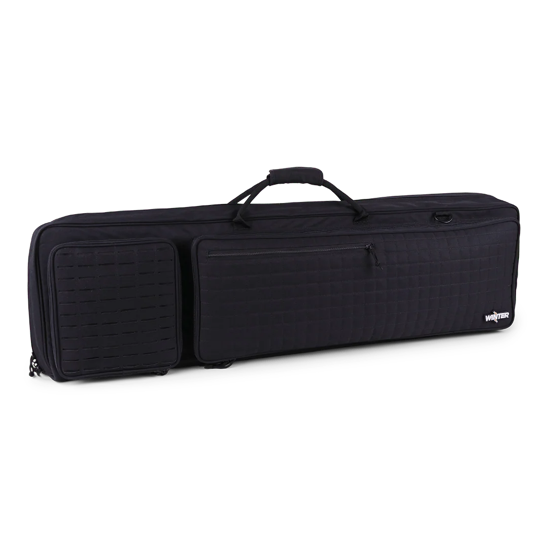 Schwarze taktische Gewehrtasche aus robustem Material mit MOLLE-System, rechteckig, 110 cm lang, zwei außen angebrachte.