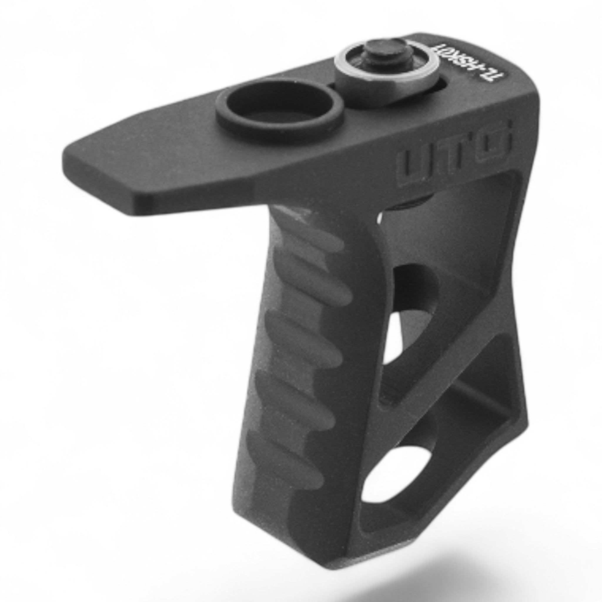 Schwarzer UTG Ultra Slim Handstop aus Aluminium mit ergonomischem, geripptem Griff und KeyMod-Montageplattform.