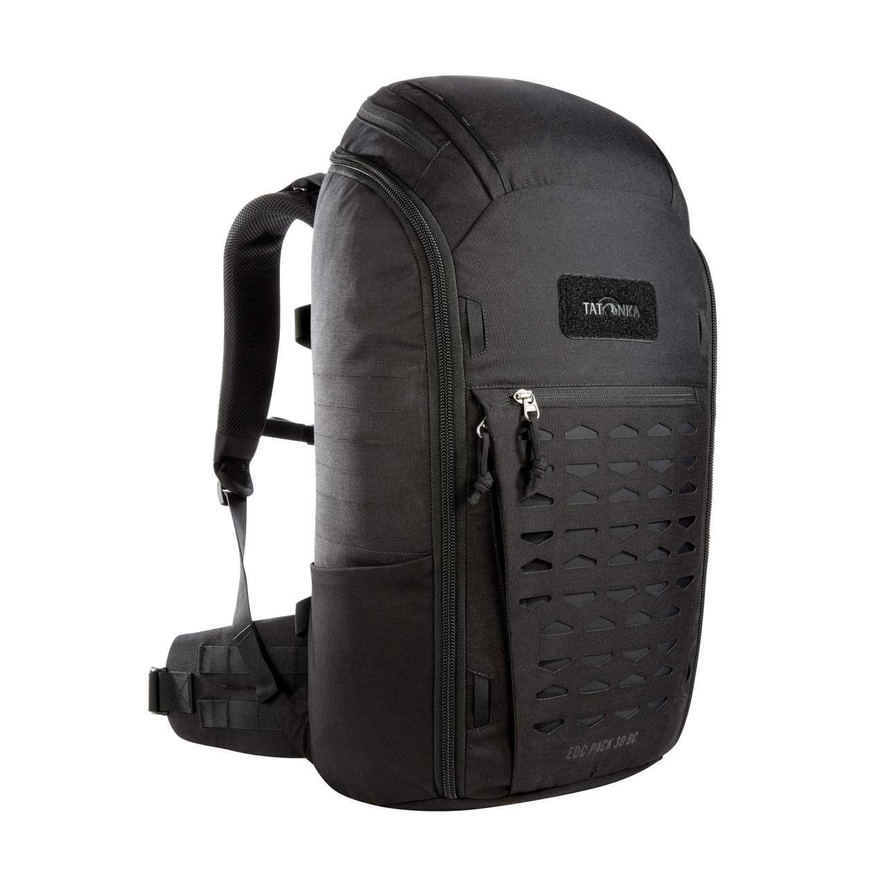 Schwarzer Tatonka EDC Pack 30 BC Rucksack aus robustem Material mit MOLLE-System und gepolsterten Schultergurten, seitliche.