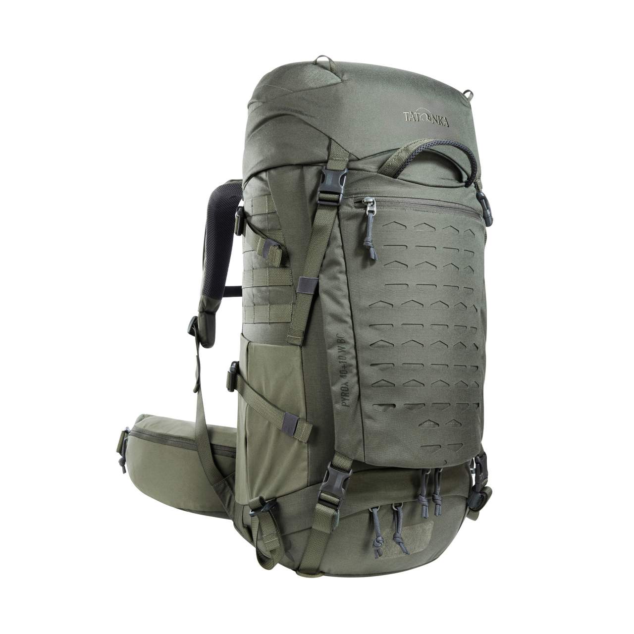 Großer Tatonka Pyrox 40+10 Damen Trekkingrucksack in Stone Grey Olive mit Vorderfach, gepolstertem Hüftgurt und.