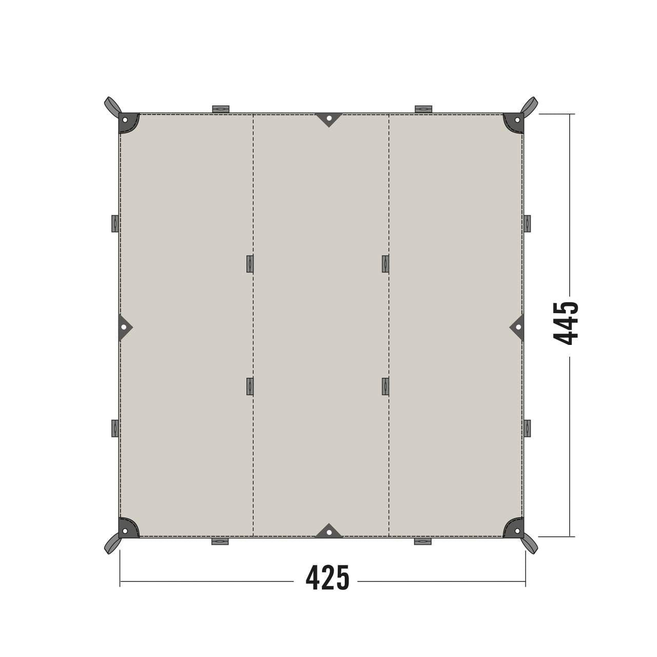 Beige quadratisches Tarp aus Technical Cotton mit Befestigungsschlaufen an den Ecken und Kanten, Maße 425x445 cm,.