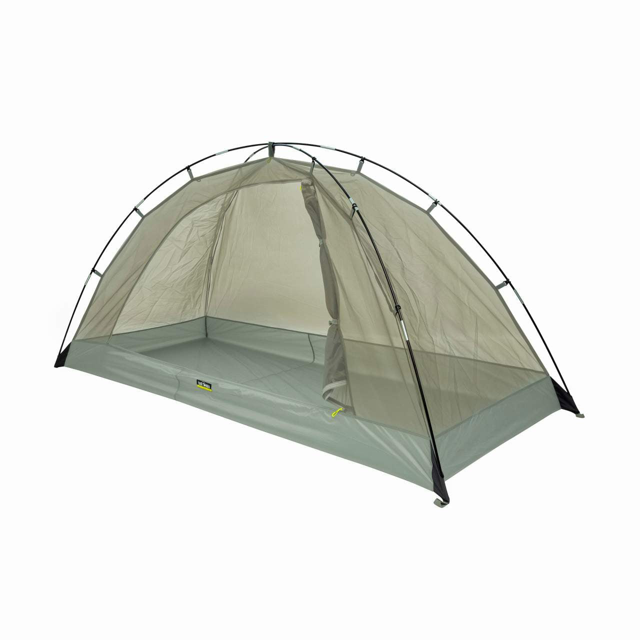 Graues Tatonka Moskitonetz mit halbrundem Gestänge, feinem Netzstoff und rechteckiger Grundfläche für Outdoor und Trekking.