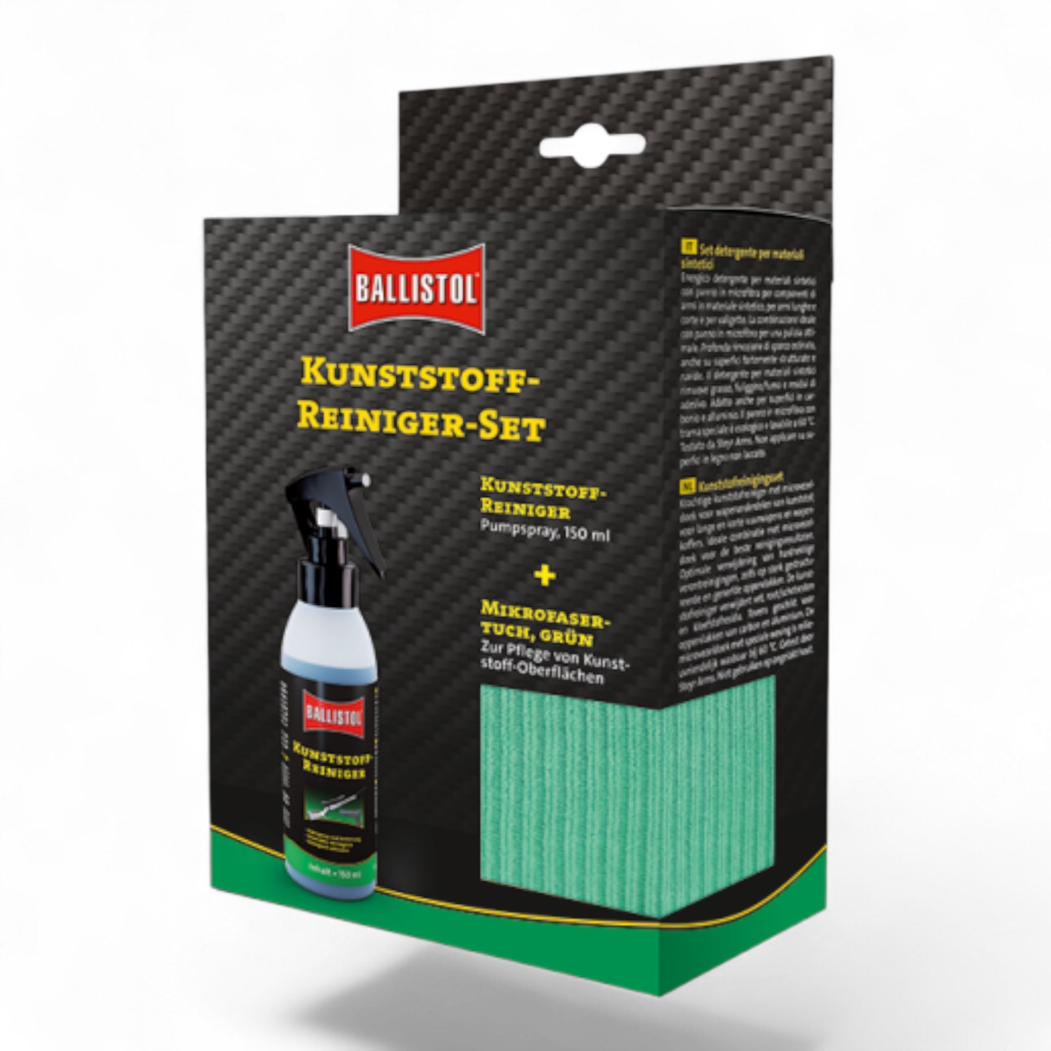 Ballistol Kunststoffreiniger-Set in schwarzer Verpackung mit Carbonmuster, gelbem Logo, weißer Sprühflasche und grünen.