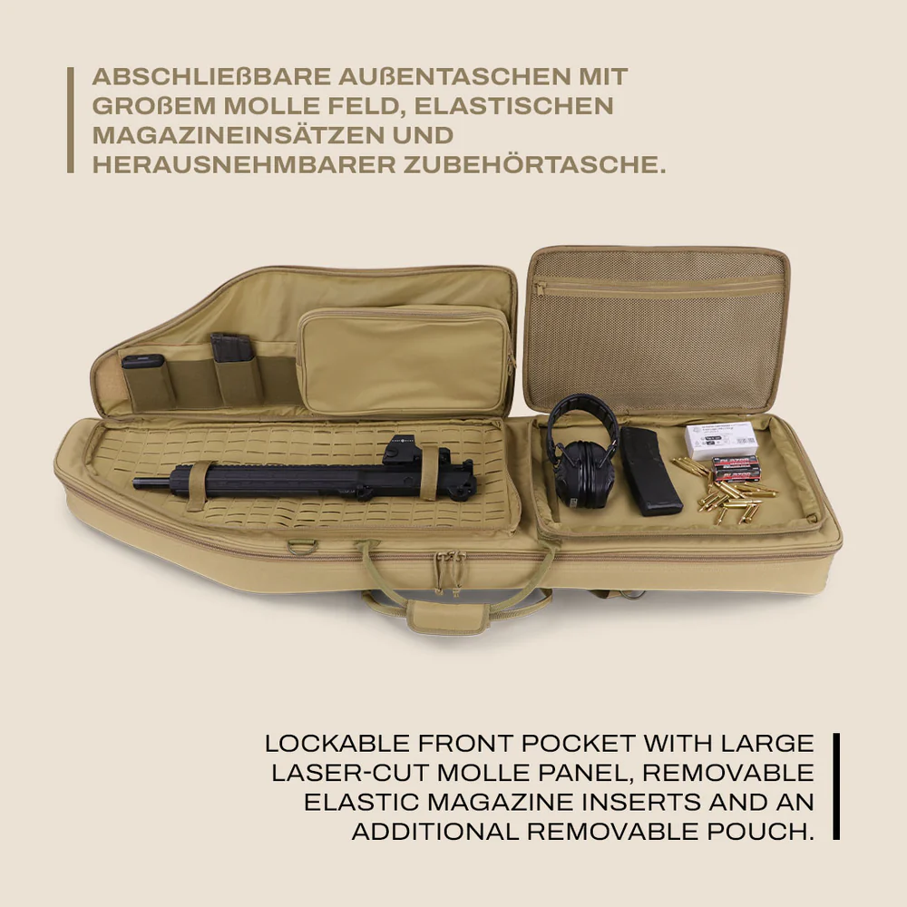 Beige schräg geöffnete Gewehrtasche mit gepolstertem Innenfutter, mehreren Fächern, elastischen Magazinhaltern und.