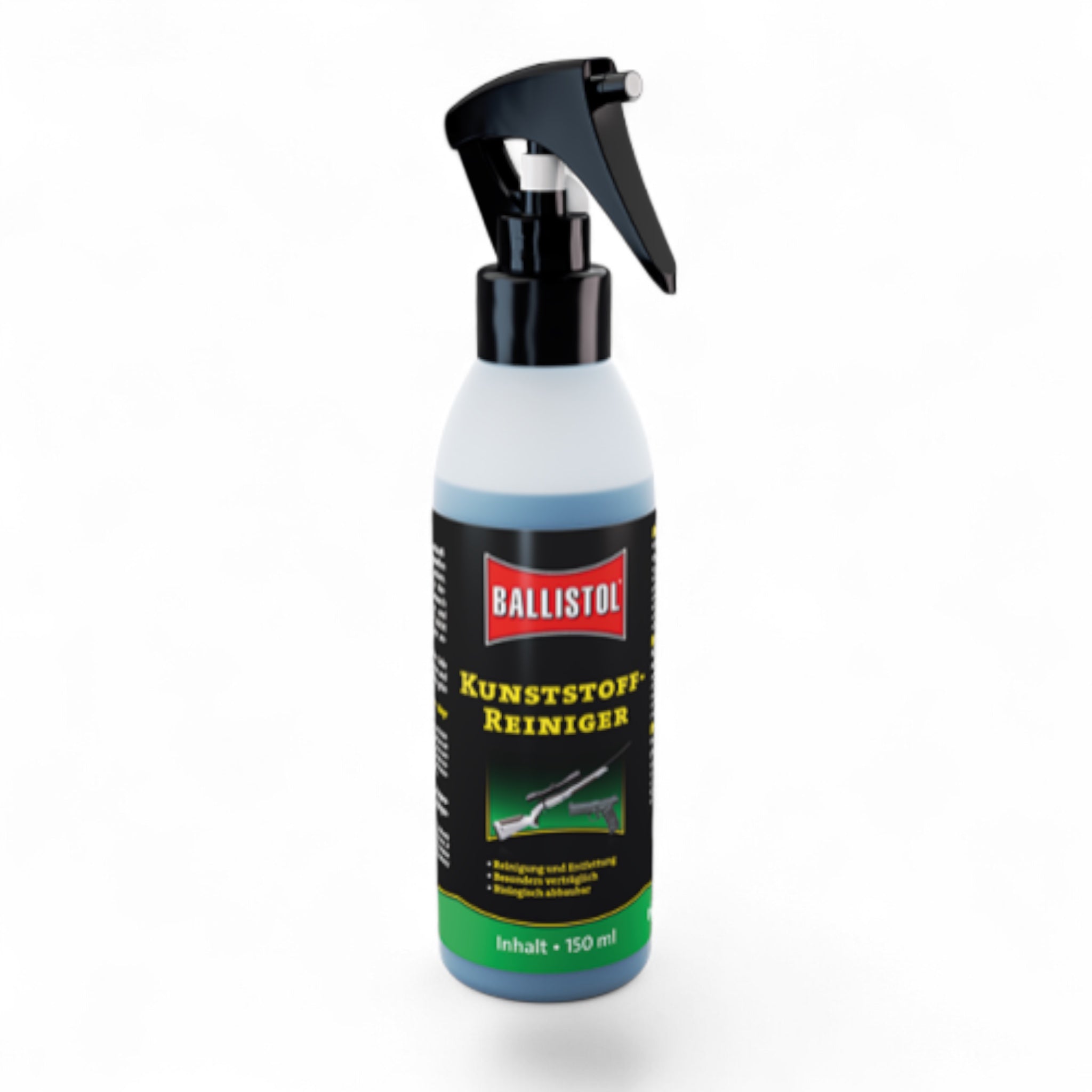 Ballistol Kunststoffreiniger Sprayflasche mit schwarzem Sprühkopf, weißem und transparentem Behälter, grünes Etikett mit.