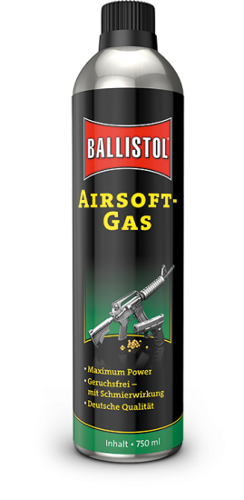 Aluminium-Flasche mit schwarzem Schraubverschluss, rotem und schwarzem Ballistol Airsoft-Gas Etikett, grünem Untergrund und.
