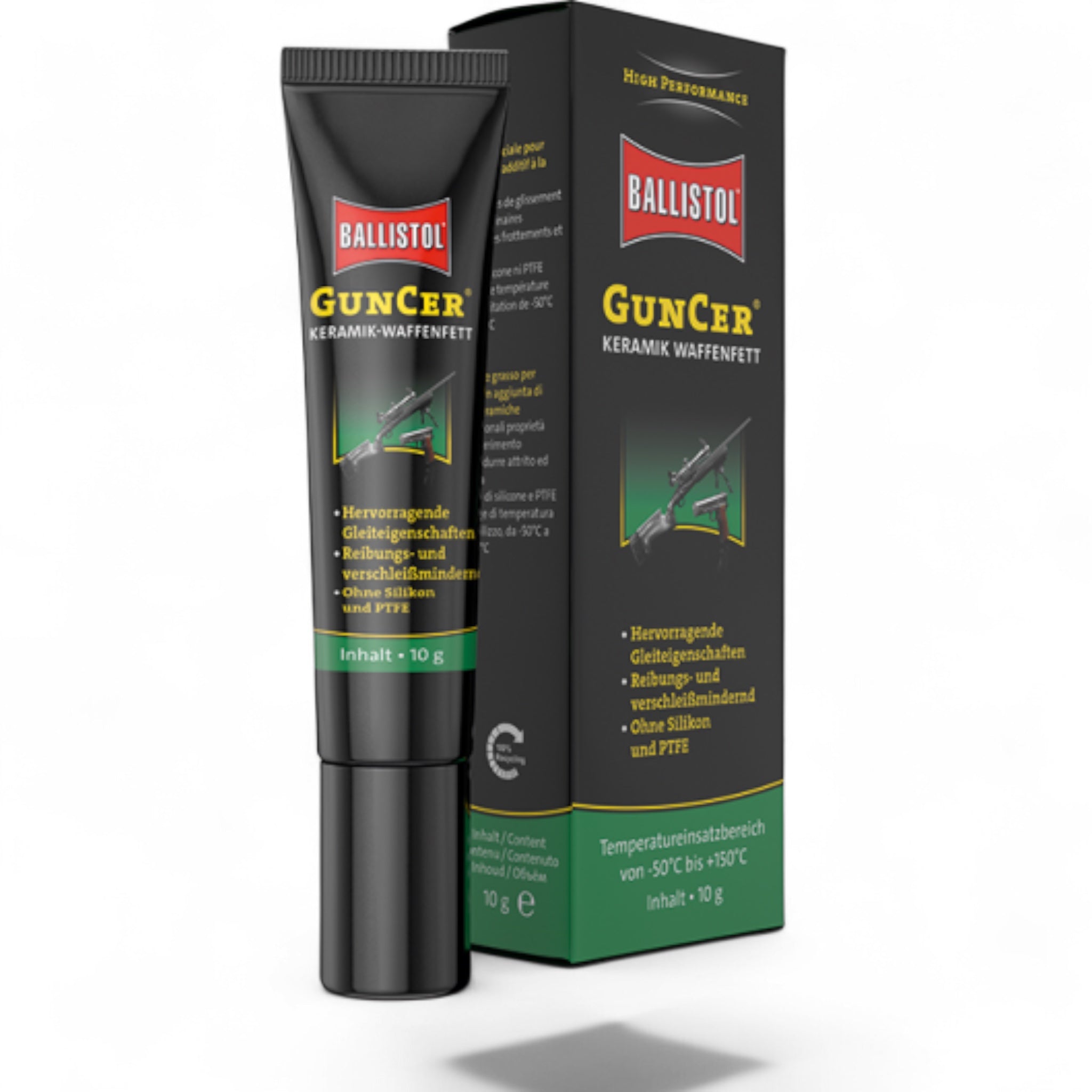 Schwarze Tube Ballistol GunCer Keramik-Waffenfett mit rotem Logo und grüner Schrift neben schwarzer Verpackung mit goldener.