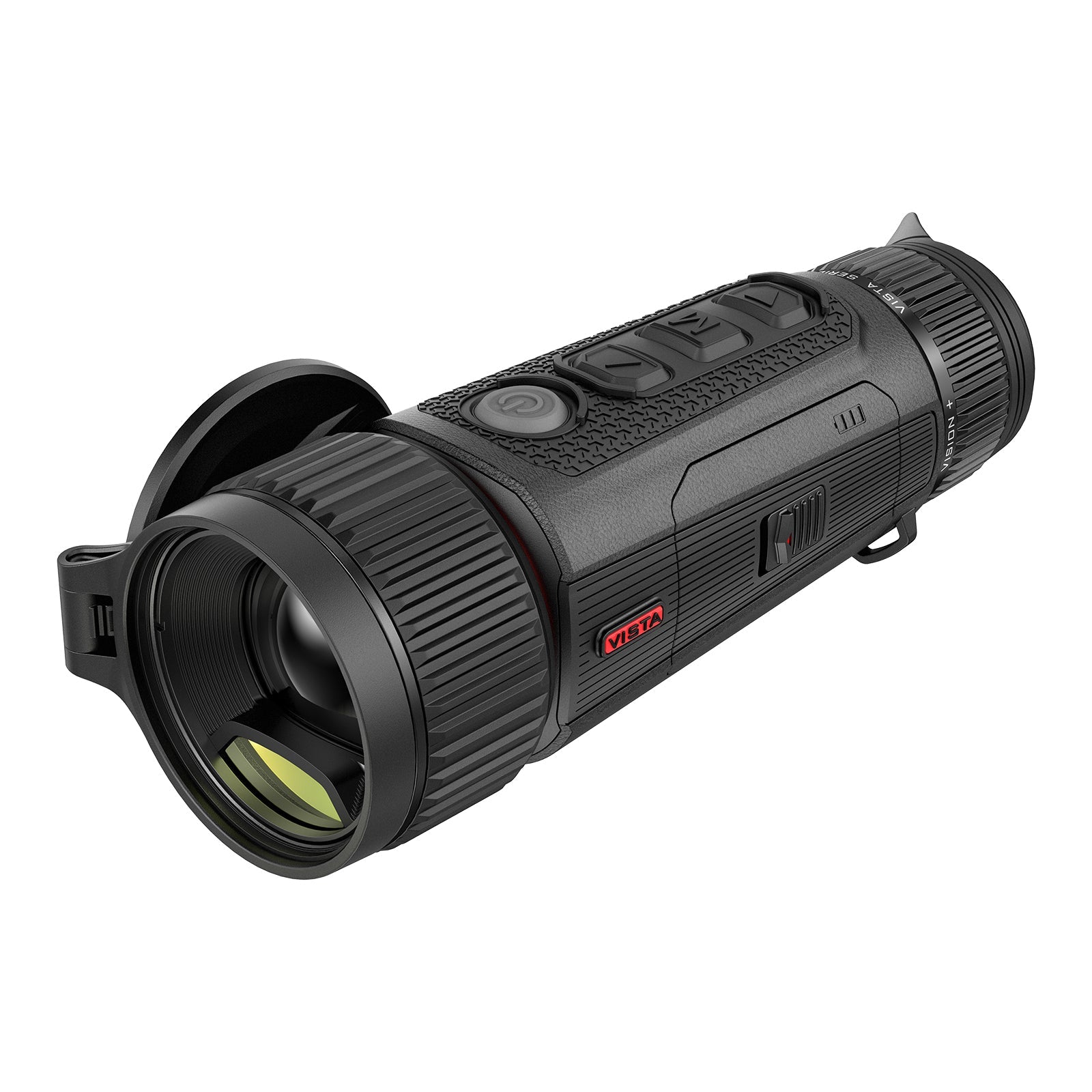 Schwarzes Nocpix Vista H35R LRF Wärmebild-Monokular mit strukturiertem Griff, runden Bedientasten und rotem Markenlabel auf.