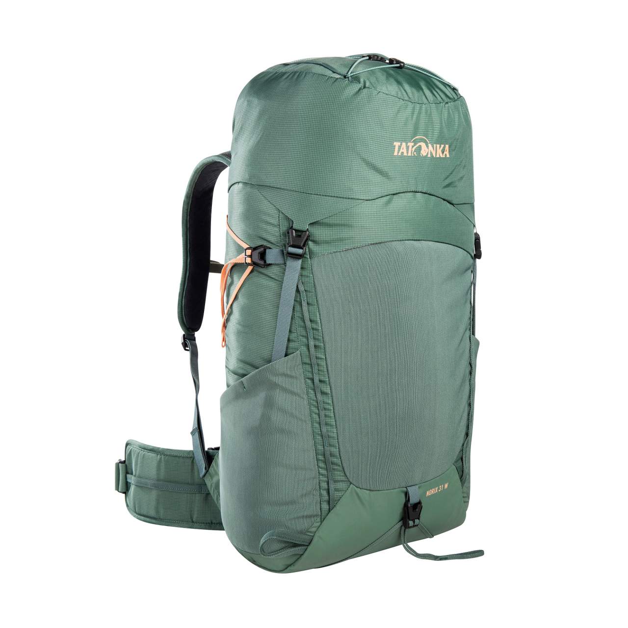 Wander-Rucksack in Salbeigrün mit schlankem, ergonomischem Design, gepolsterten Schultergurten und Hüftgurt, Tatonka Norix.