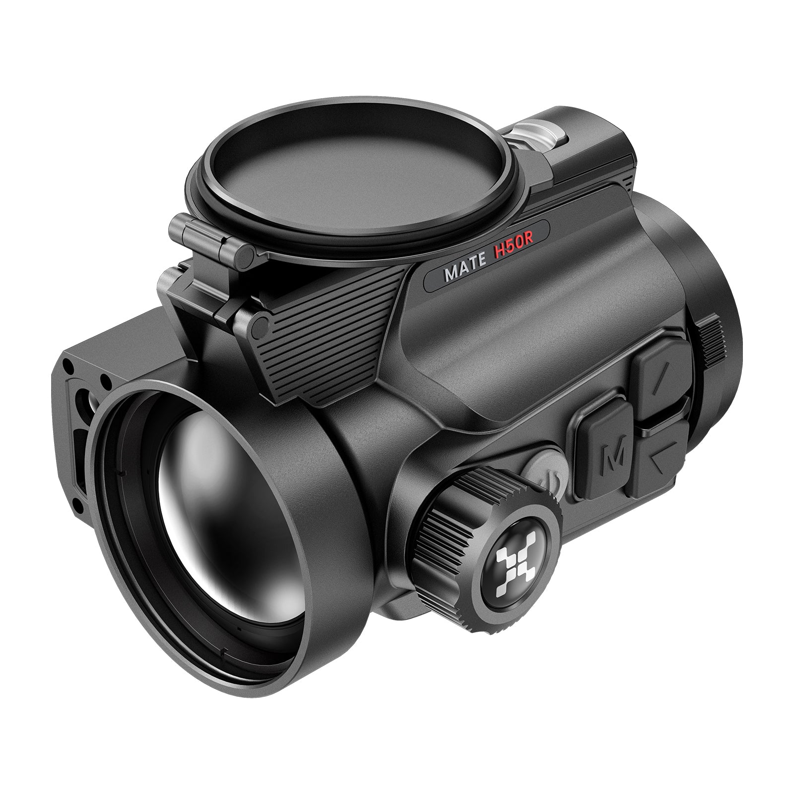 Schwarzes Nocpix Mate H50R LRF Vorsatzgerät mit großem Objektiv, griffigem Einstellrad und Logo auf glatter Oberfläche.
