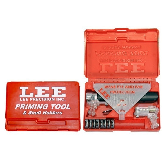 LEE PRECISION 90215 Auto Priming Tool Kit mit Handsetzgerät, Zündhütchenschale, Einsätzen, acht Hülsenhaltern und rotem Koffer