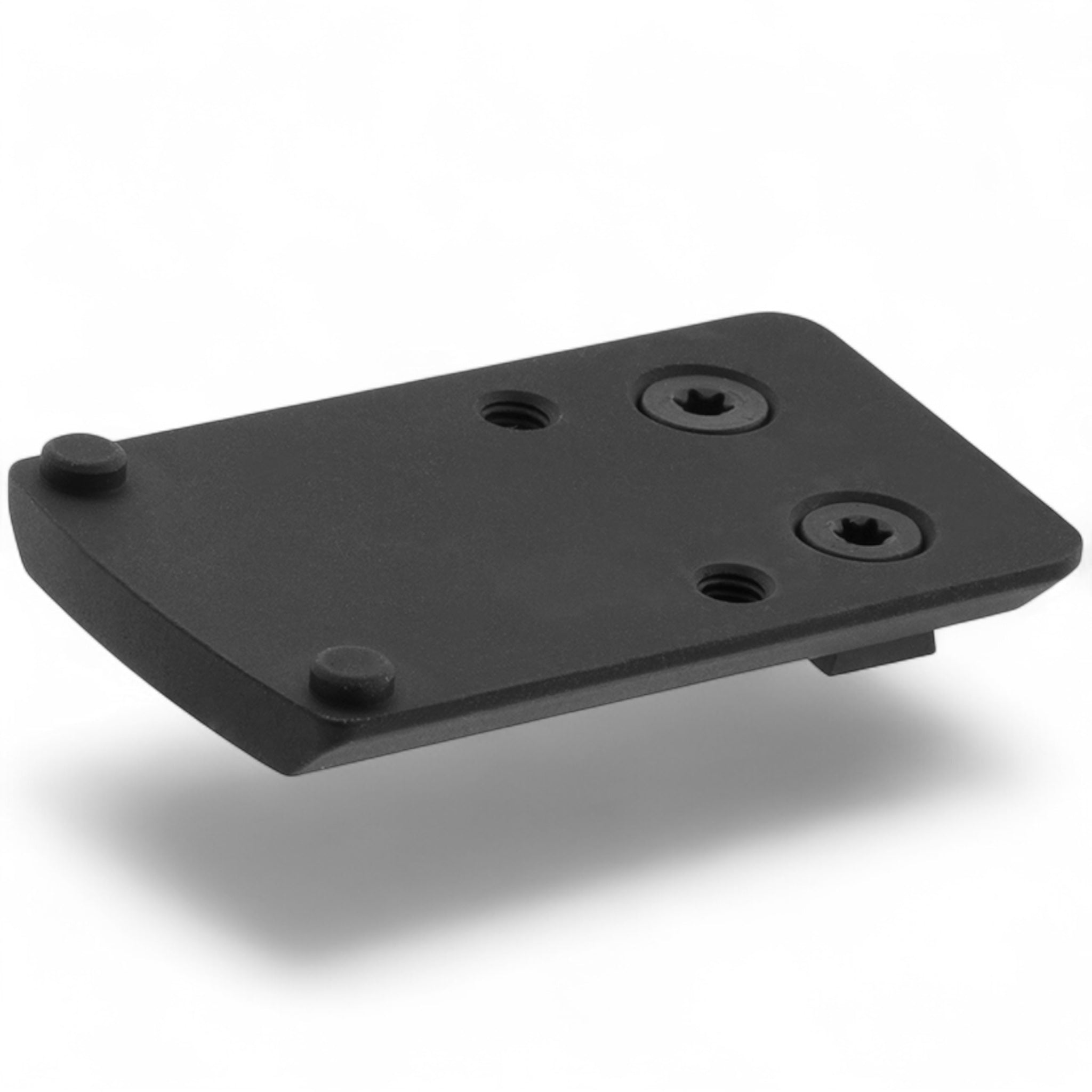 Schwarze, flache Aluminium-Montageplatte mit zwei Schraubenlöchern und abgerundeten Kanten, eloxierte Oberfläche, passend.