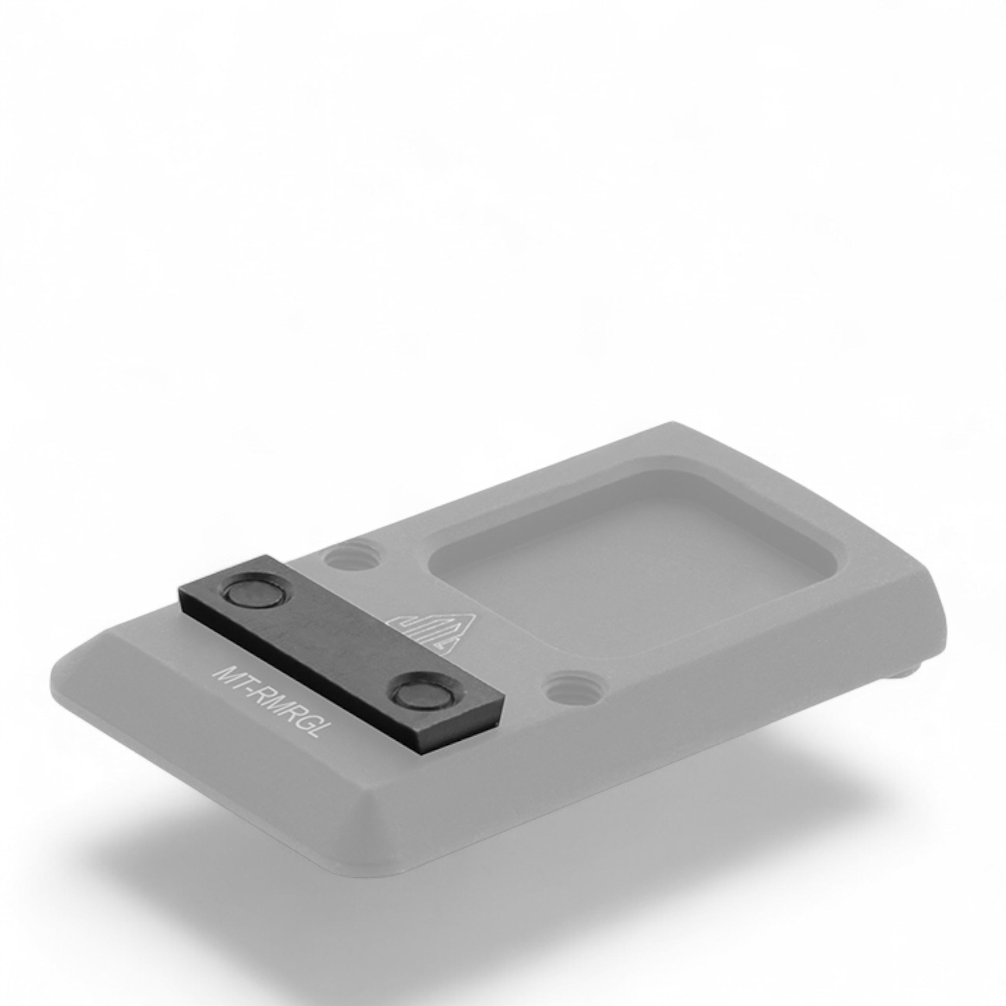 Eloxierte, dunkelgraue Aluminium-Montageplatte mit zwei schwarzen Schrauben für Glock Kimmenaufnahme, flach und rechteckig.