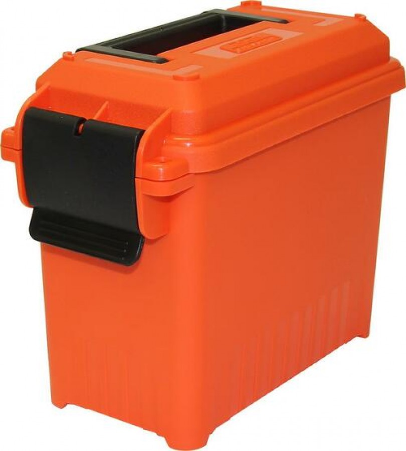 Orange MTM AC15-35 Mini-Transportbox geschlossen mit schwarzem Verschluss und eingeklapptem Tragegriff
