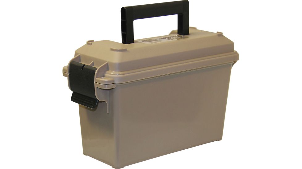 Braune MTM AC15-72 Mini-Transportbox geschlossen mit ausgeklapptem Tragegriff