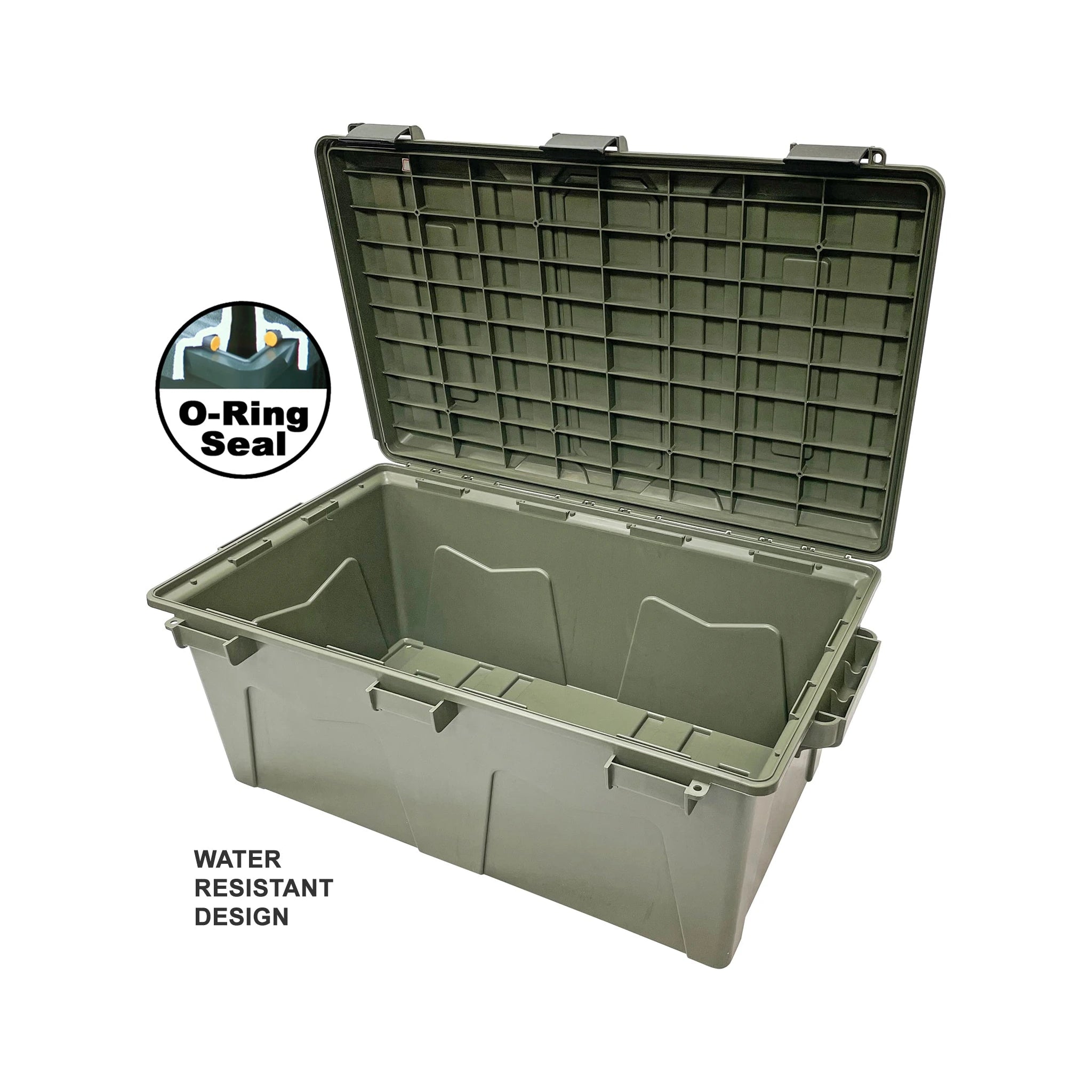 Geöffnete leere MTM ACRG18 in Army Green mit O-Ring-Deckelschluss