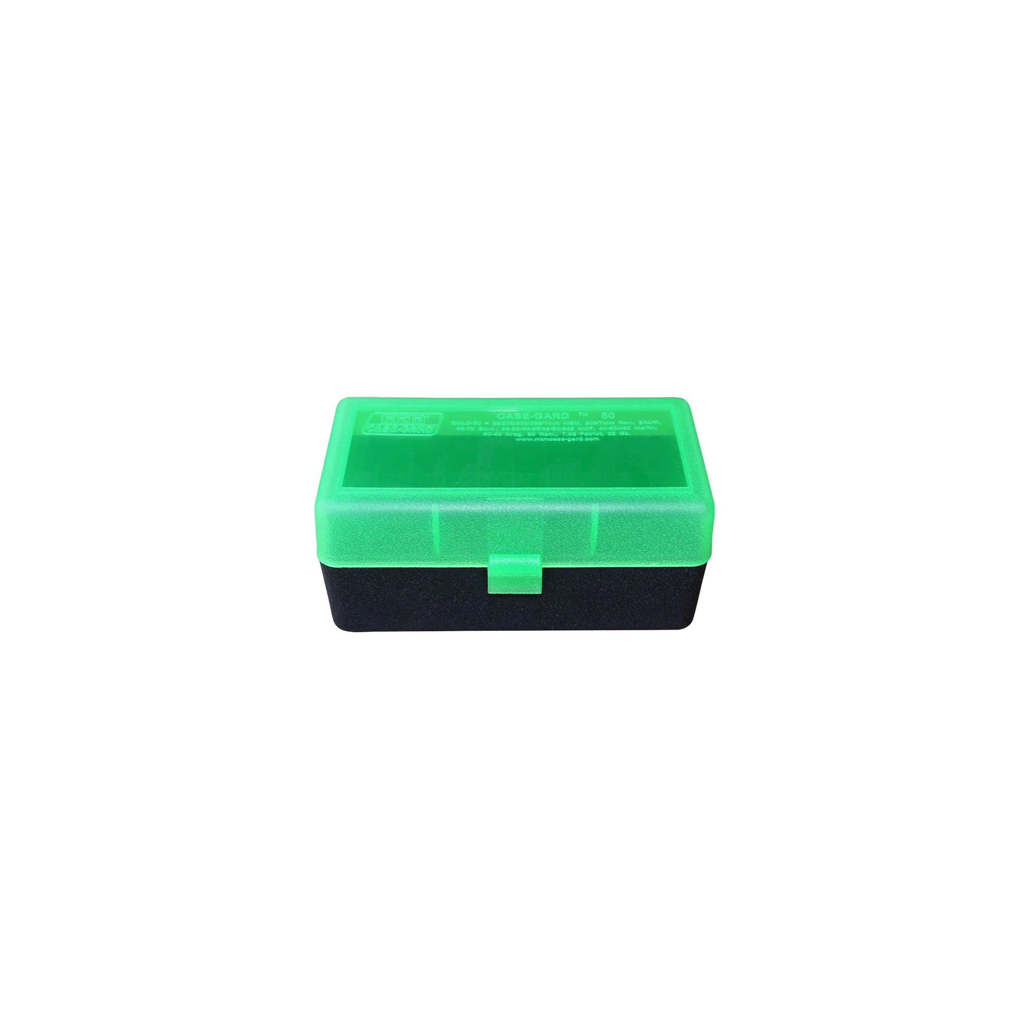 MTM CASE-GARD RMLD-50 Patronenbox mit transparent grünem Deckel und schwarzer Basis.
