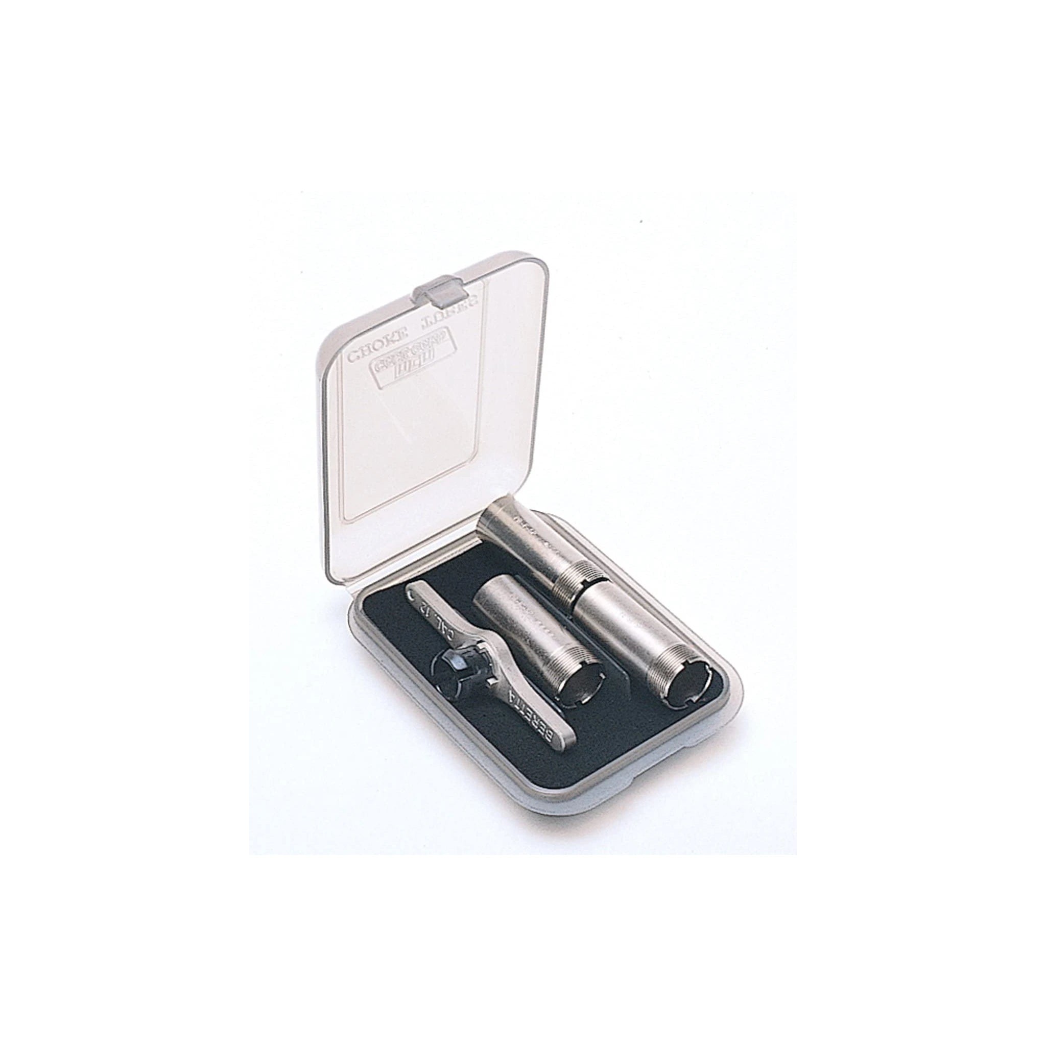 Geöffnetes transparent rauchgraues MTM CASE-GARD CT3-41 Choke-Etui mit beispielhaften Chokes und Schlüssel; Inhalt nicht enthalten