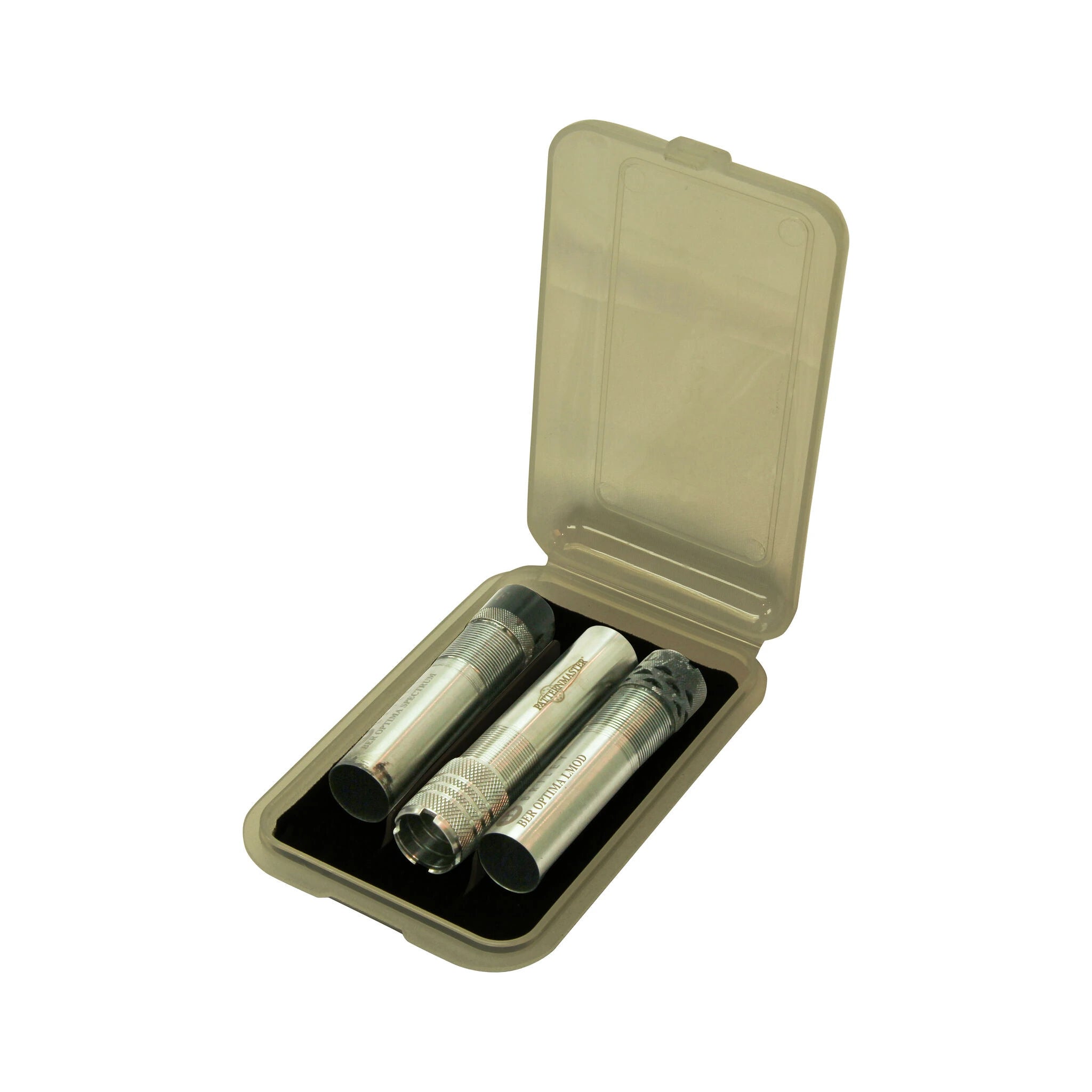 Geöffnetes transparent rauchgraues MTM CASE-GARD CT3XL-41 Etui mit drei beispielhaften verlängerten Chokes; Chokes nicht enthalten