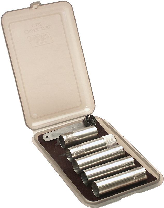 Geöffnetes MTM CT6-41 Choke-Etui mit sechs getrennten Plätzen; gezeigte Chokes und Schlüssel dienen der Illustration