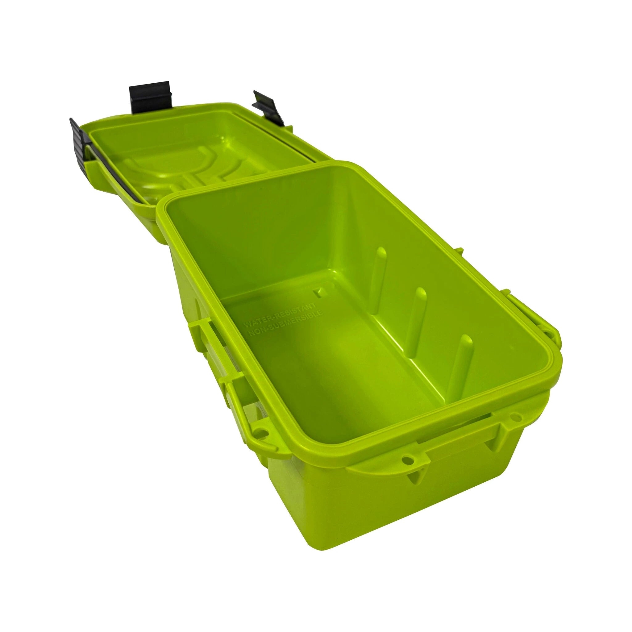 Geöffnete gelb-grüne MTM EB2 Notfallbox mit leerem tiefem Innenraum und sichtbarer Deckeldichtung