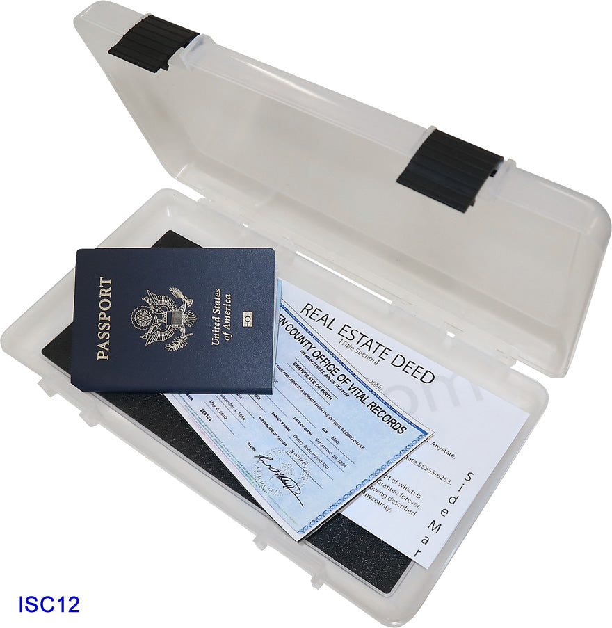 Geöffnete transparente MTM ISC12 Lagerbox mit Schaumstoffeinlage und beispielhaft eingelegten Dokumenten; Inhalt nicht enthalten