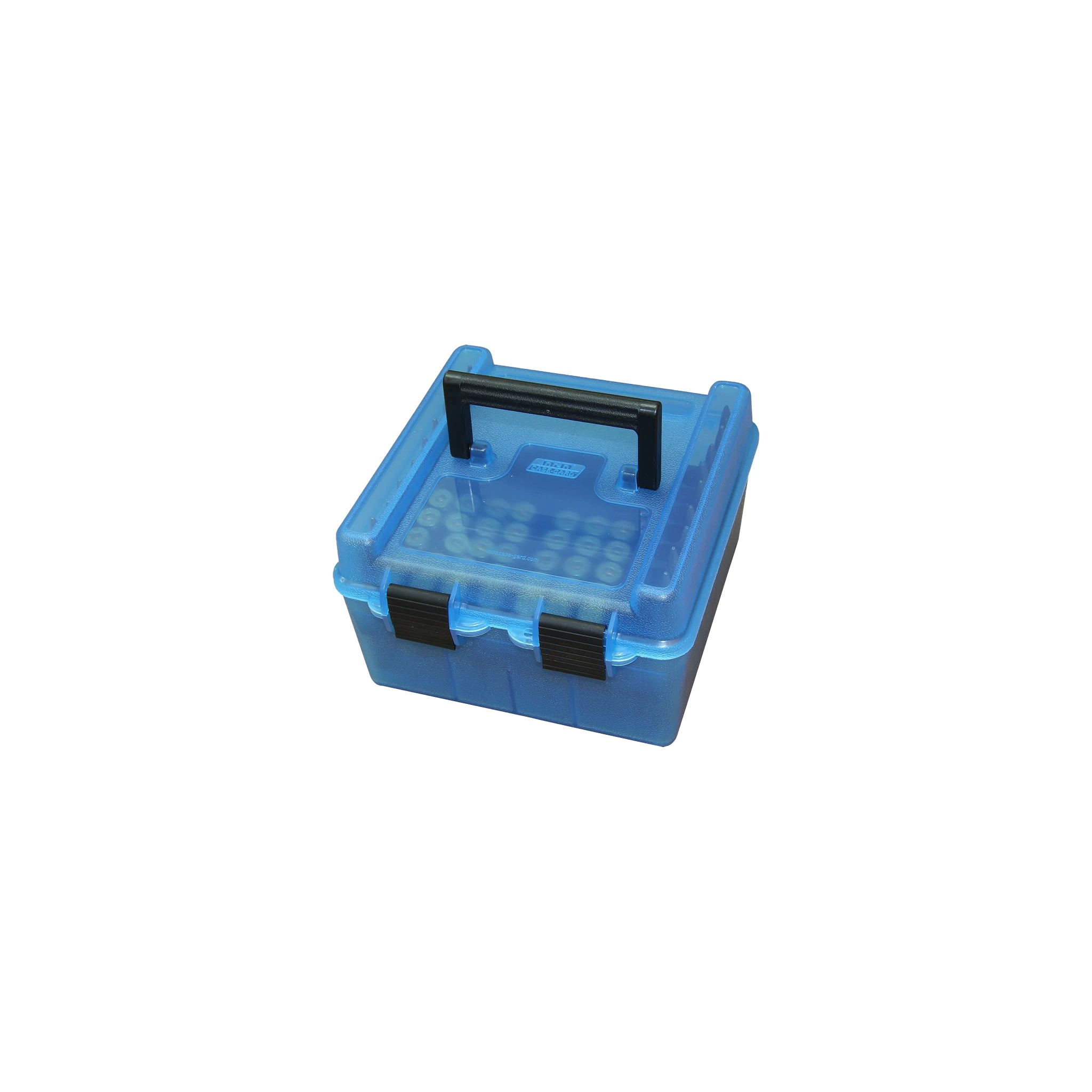 Transparente blaue MTM CASE-GARD R-100-24 Deluxe-Patronenbox mit geschlossenem Klappdeckel und Tragegriff