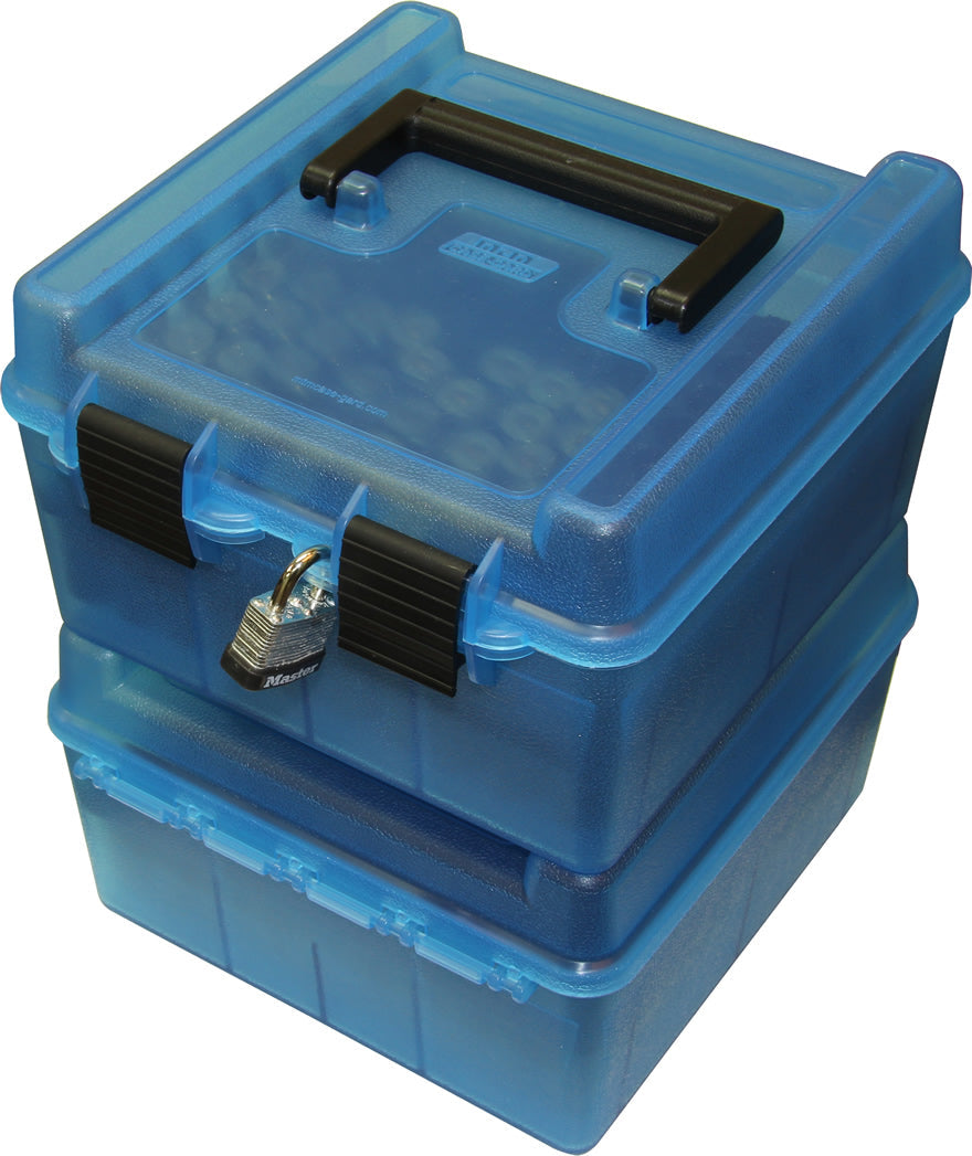 MTM R-100-MAG-24 Patronenbox transparent blau mit eingesetzten Magnum-Patronen