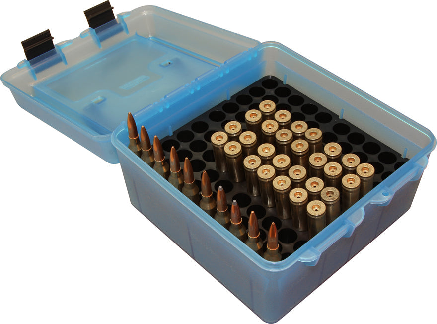 MTM R-100-MAG-24 Patronenbox transparent blau geöffnet mit Innenablage