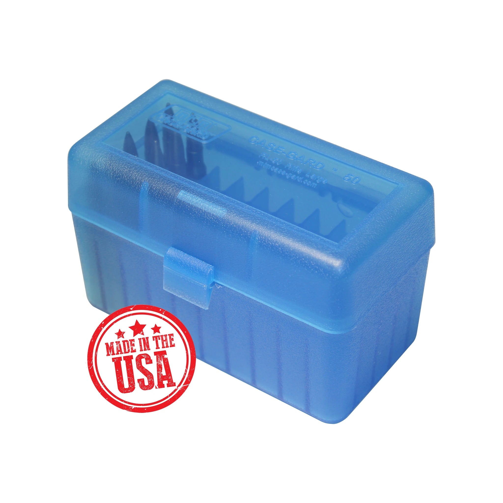MTM CASE-GARD RL-50-24 transparent blaue Patronenbox mit geschlossenem Deckel und beispielhafter Patronenbestückung