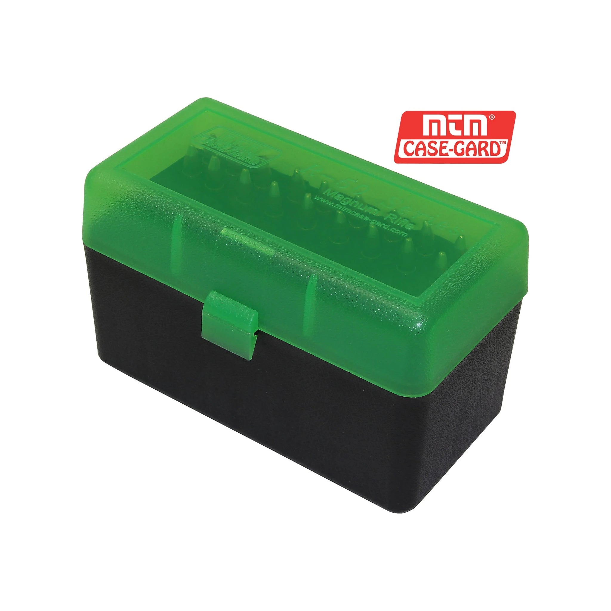 MTM CASE-GARD RLLD-50-16T grün-schwarze Patronenbox mit geschlossenem Deckel und beispielhafter Bestückung