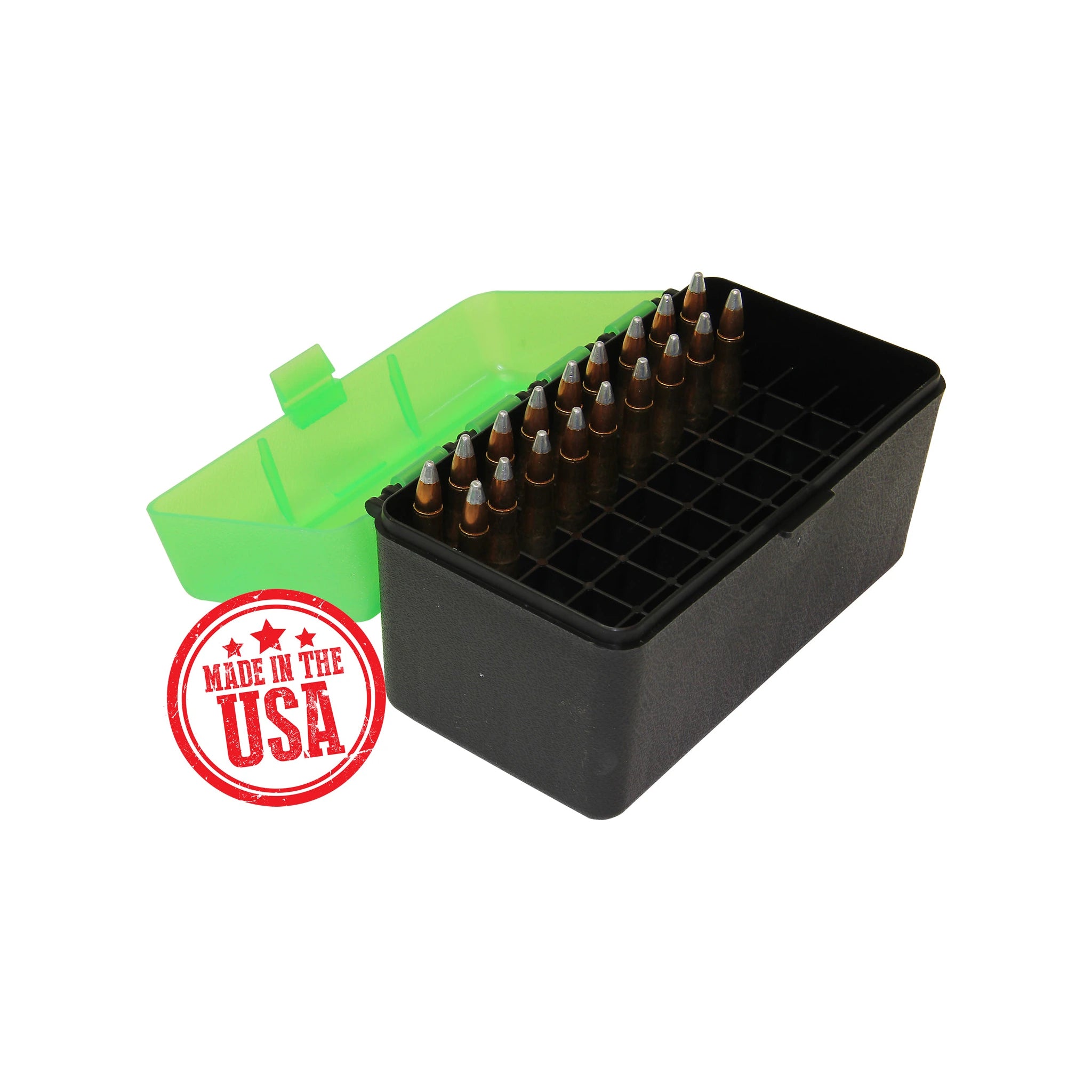 MTM CASE-GARD RLLD-50-16T grün-schwarze Patronenbox, geöffnet mit beispielhafter Patronenbestückung