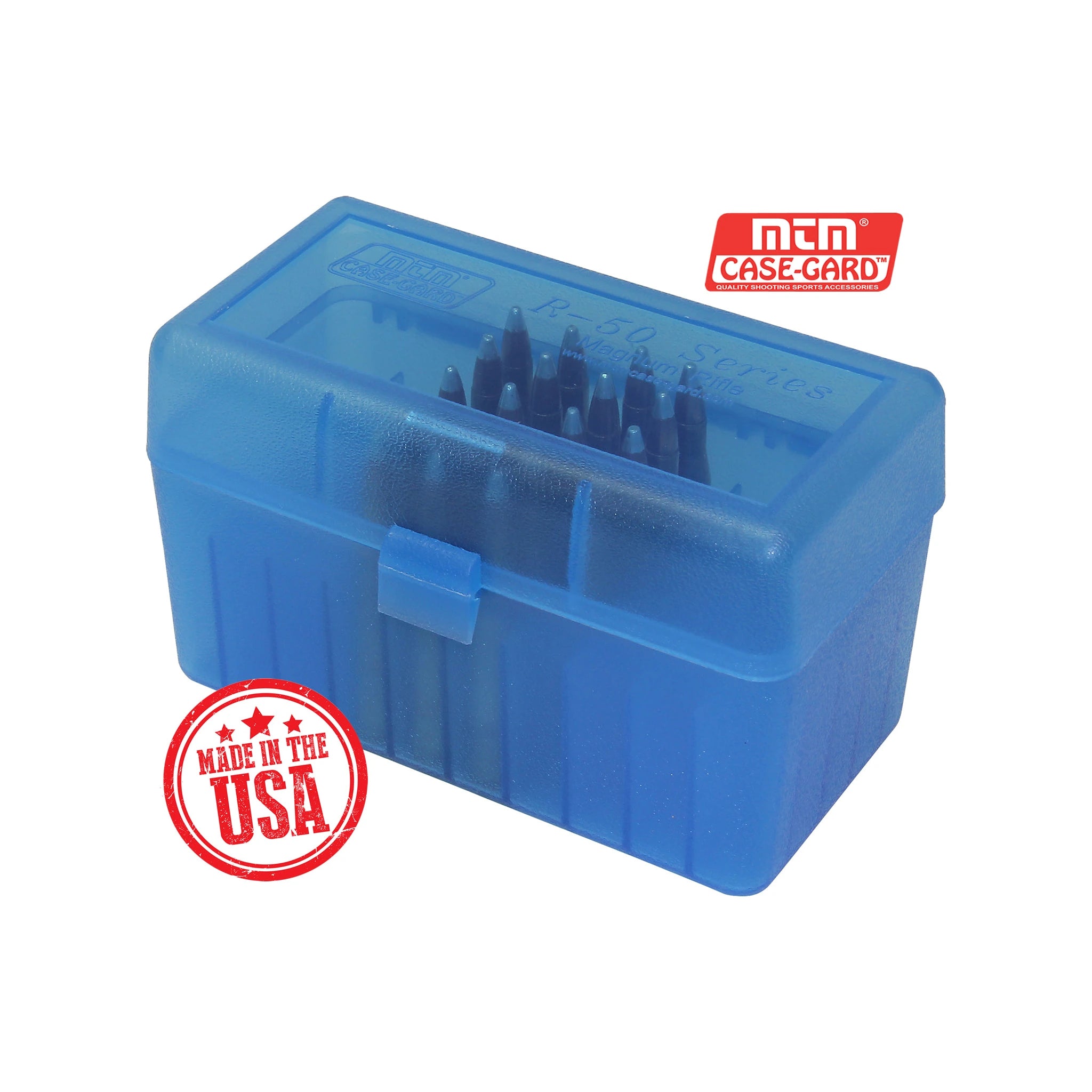MTM CASE-GARD RLLD-50-24 blau-klare Patronenbox mit geschlossenem Deckel und beispielhafter Bestückung