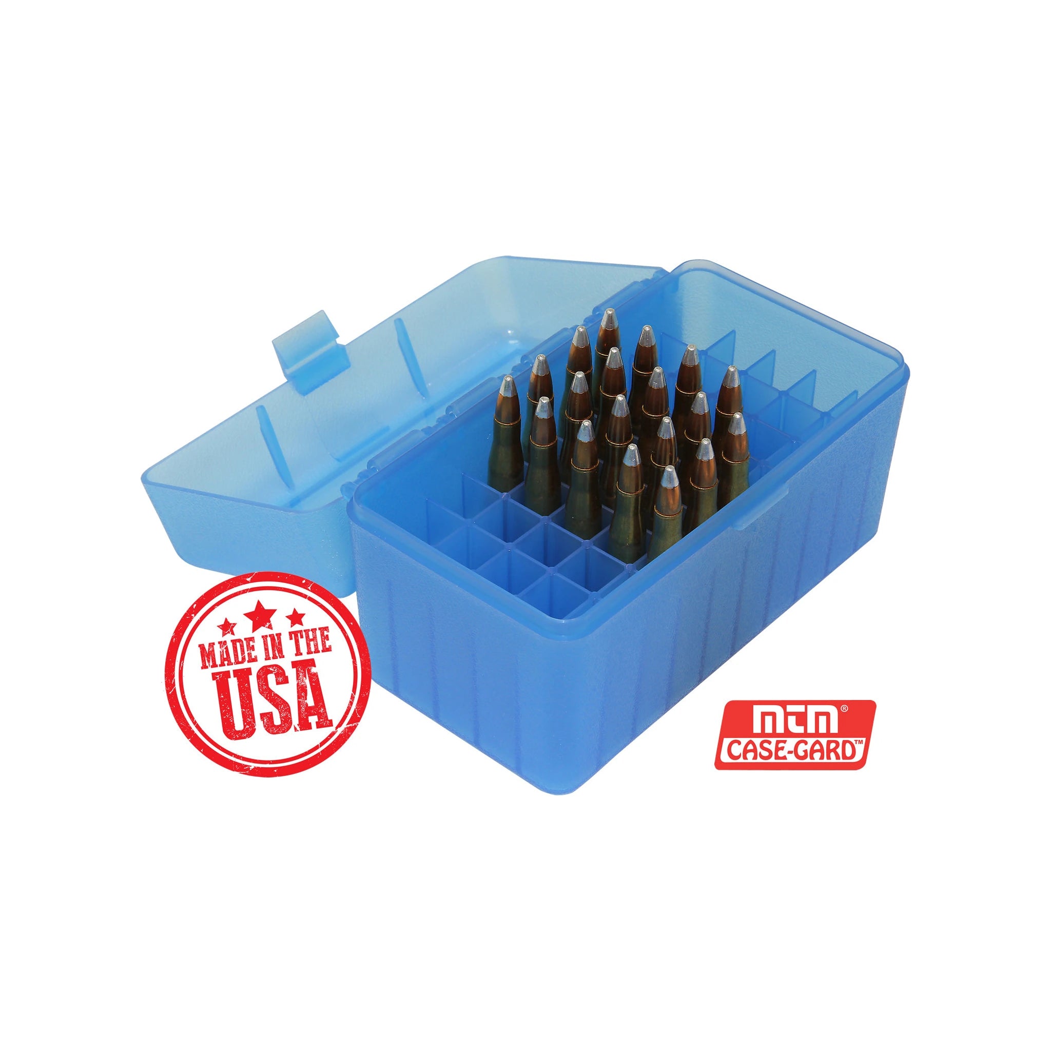 MTM CASE-GARD RLLD-50-24 blau-klare Patronenbox, geöffnet mit beispielhafter Patronenbestückung