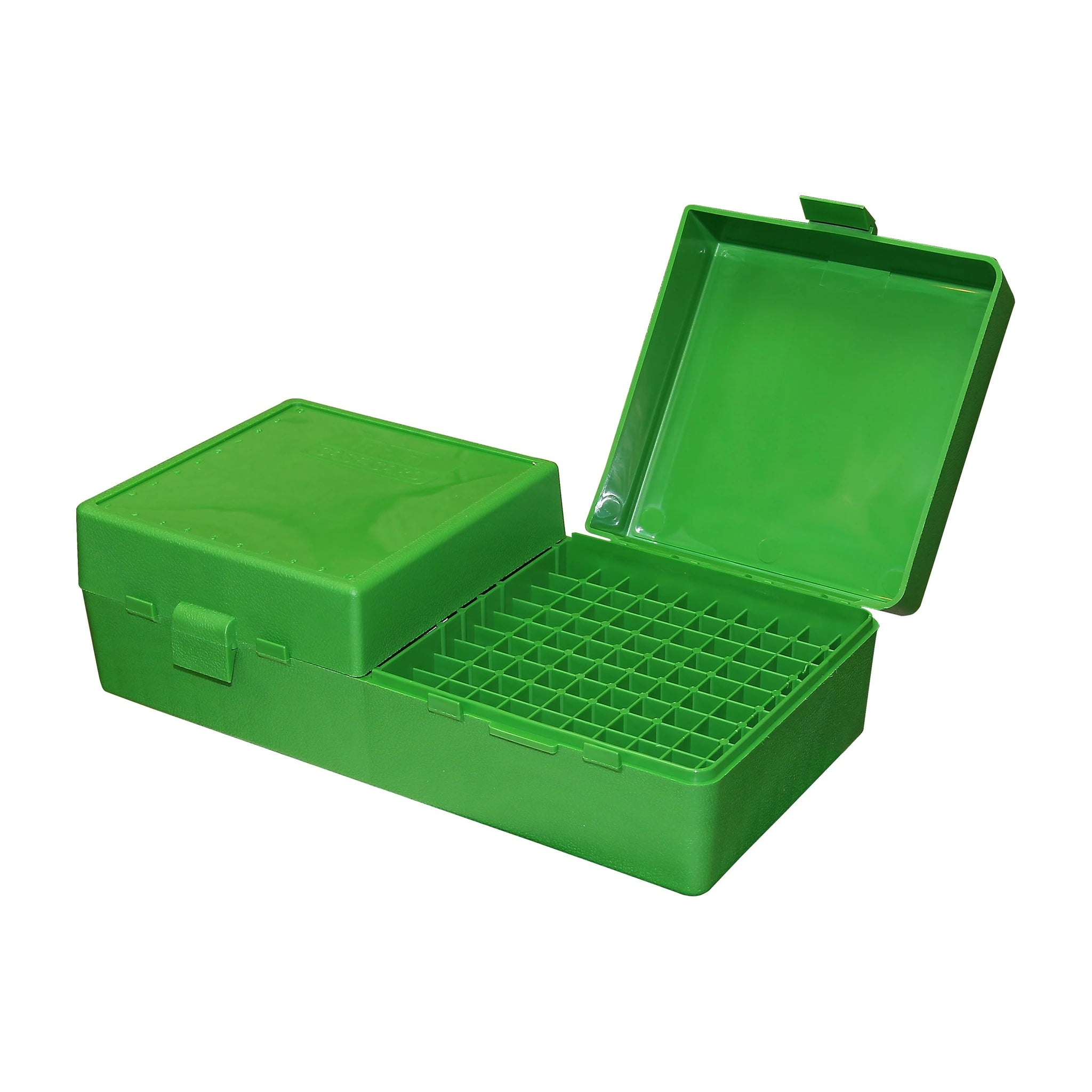 MTM CASE-GARD RS-200-10 grüne Patronenbox, leer mit einem geöffneten und einem geschlossenen Deckel