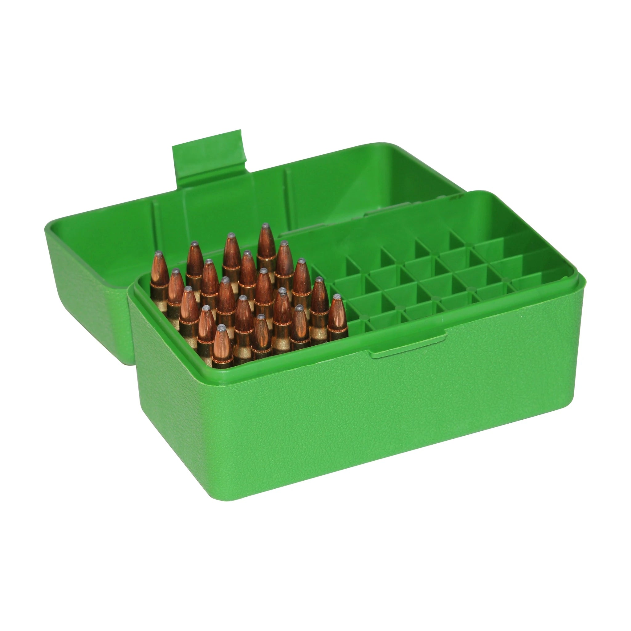MTM CASE-GARD RS-50-10 grüne Patronenbox, geöffnet mit beispielhafter Patronenbestückung
