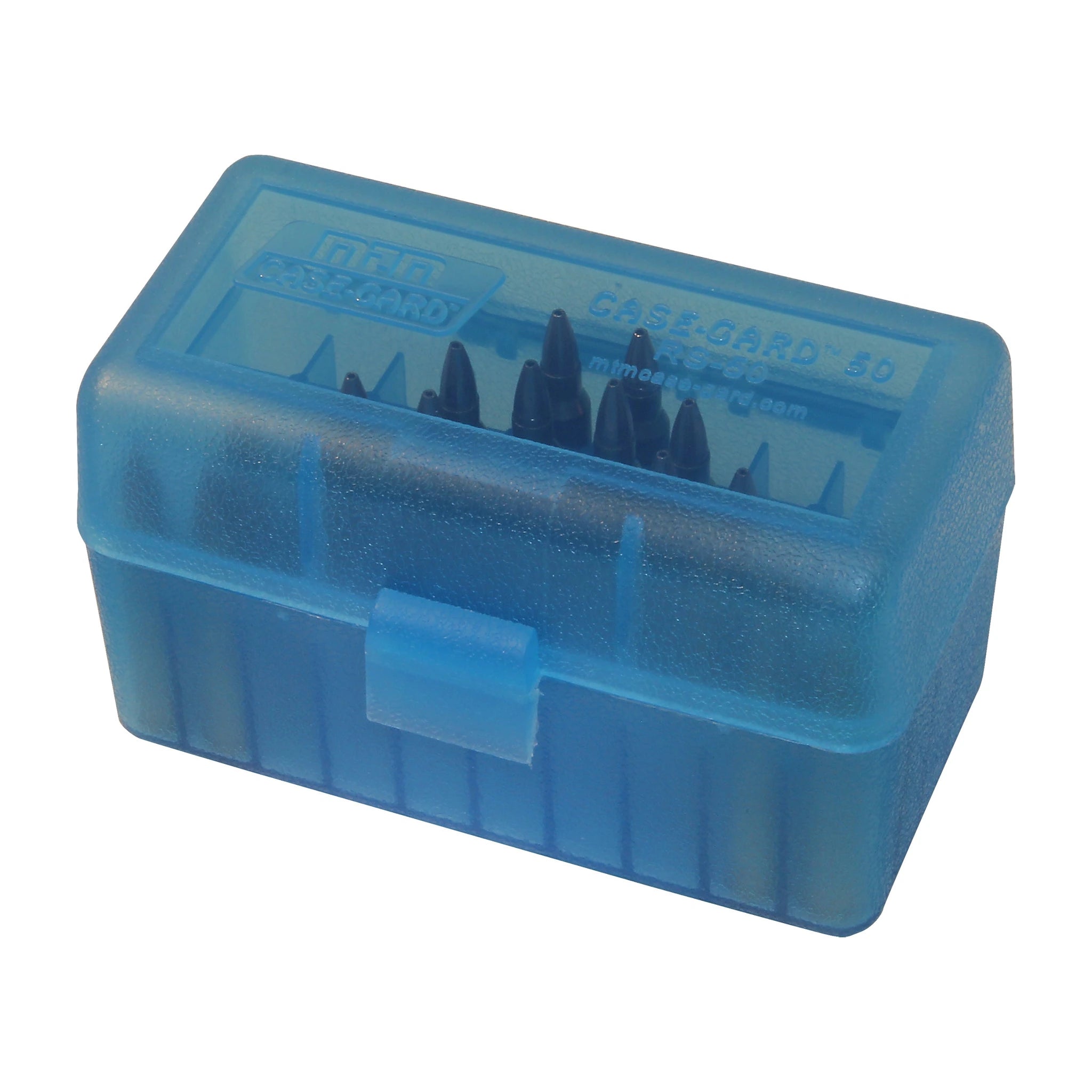 MTM CASE-GARD RS-50-24 transparent blaue Patronenbox mit geschlossenem Deckel und beispielhafter Bestückung