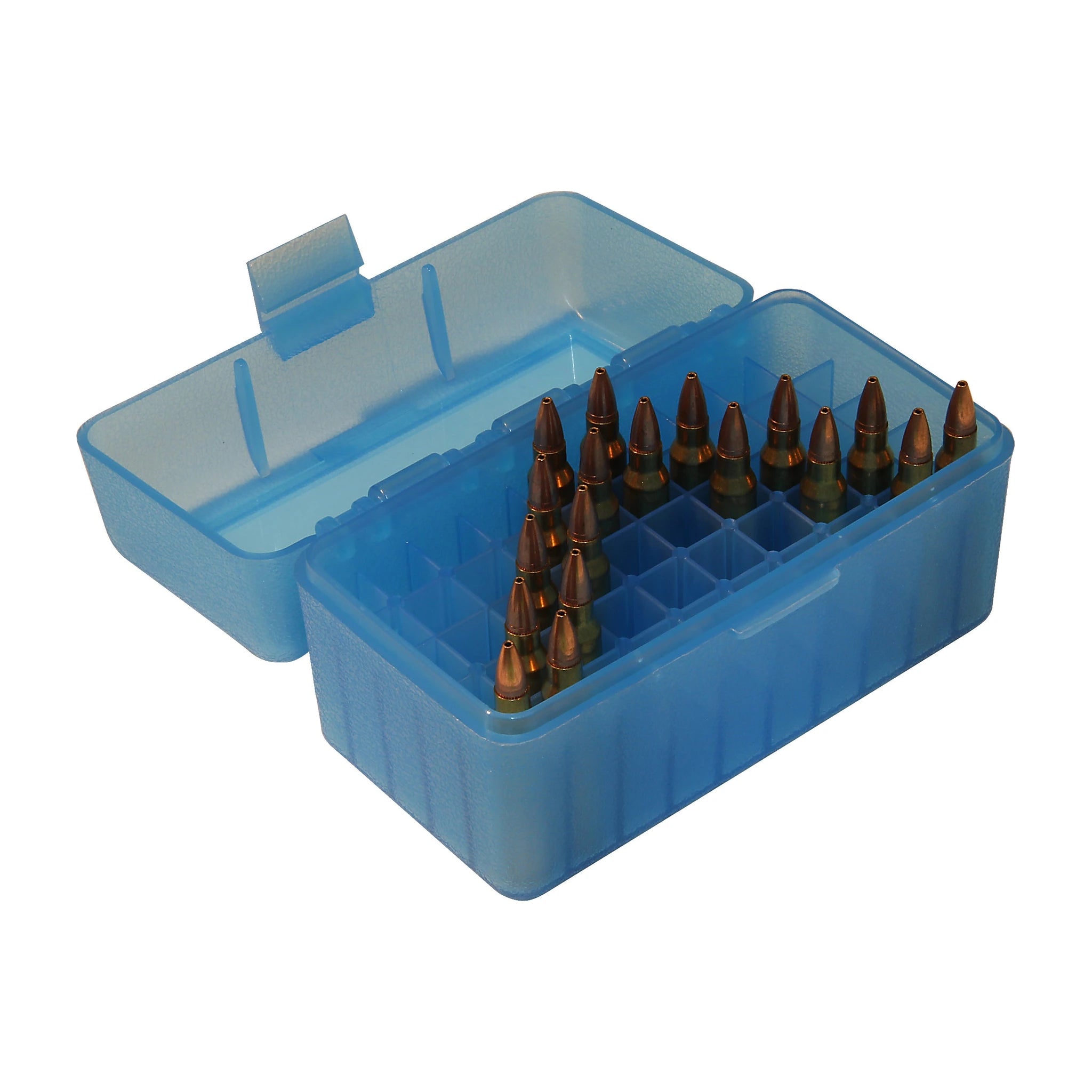 MTM CASE-GARD RS-50-24 transparent blaue Patronenbox, geöffnet mit beispielhafter Patronenbestückung