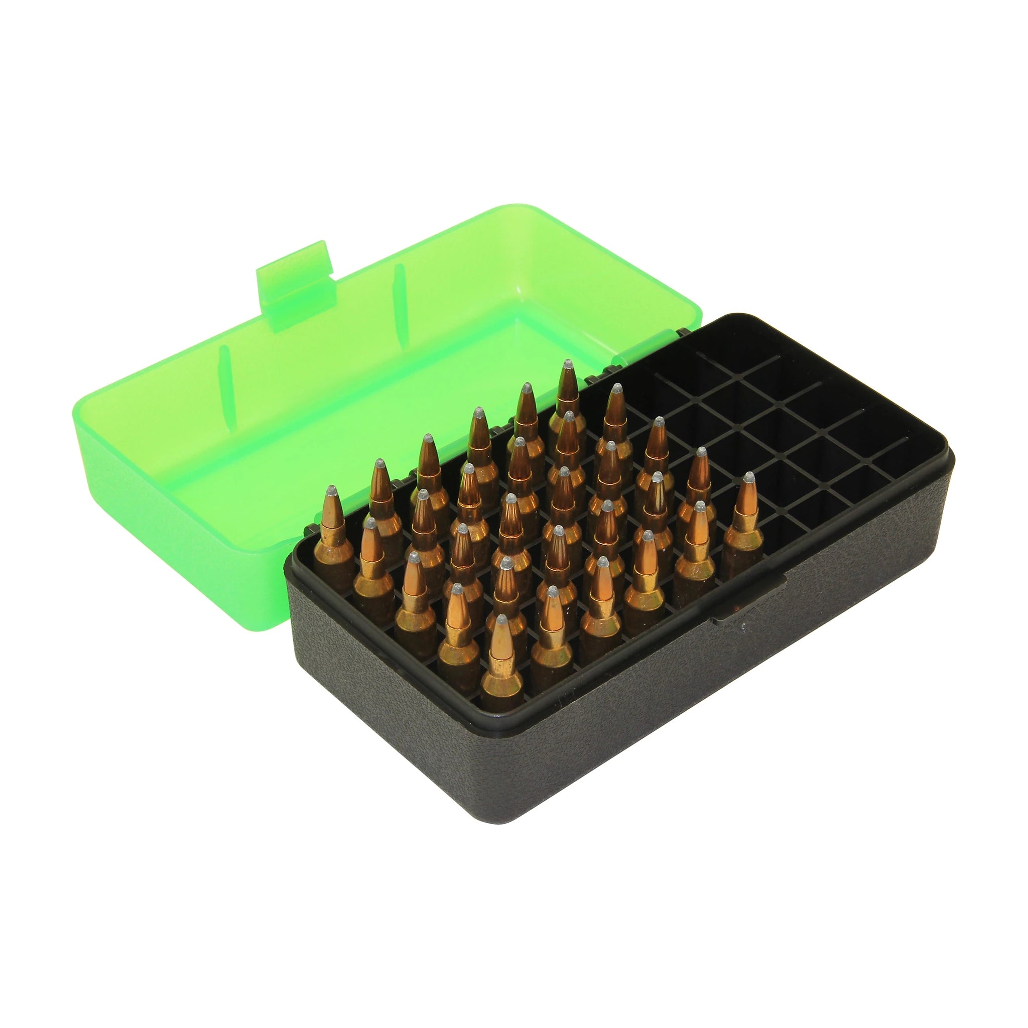 MTM CASE-GARD RSLD-50-16T grün-schwarze Patronenbox, geöffnet mit beispielhafter Patronenbestückung