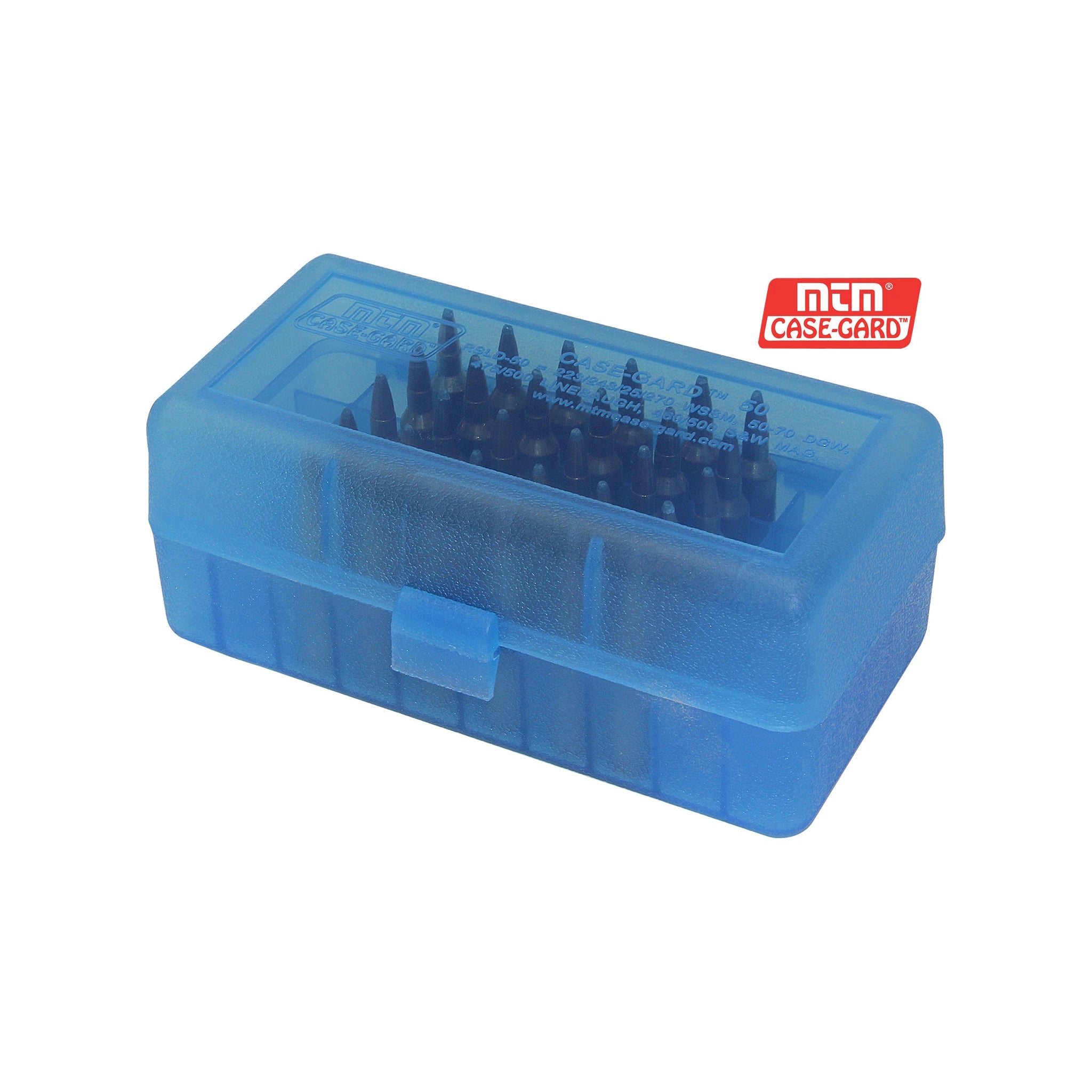 MTM CASE-GARD RSLD-50-24 transparent blaue Patronenbox mit geschlossenem Deckel und beispielhafter Bestückung