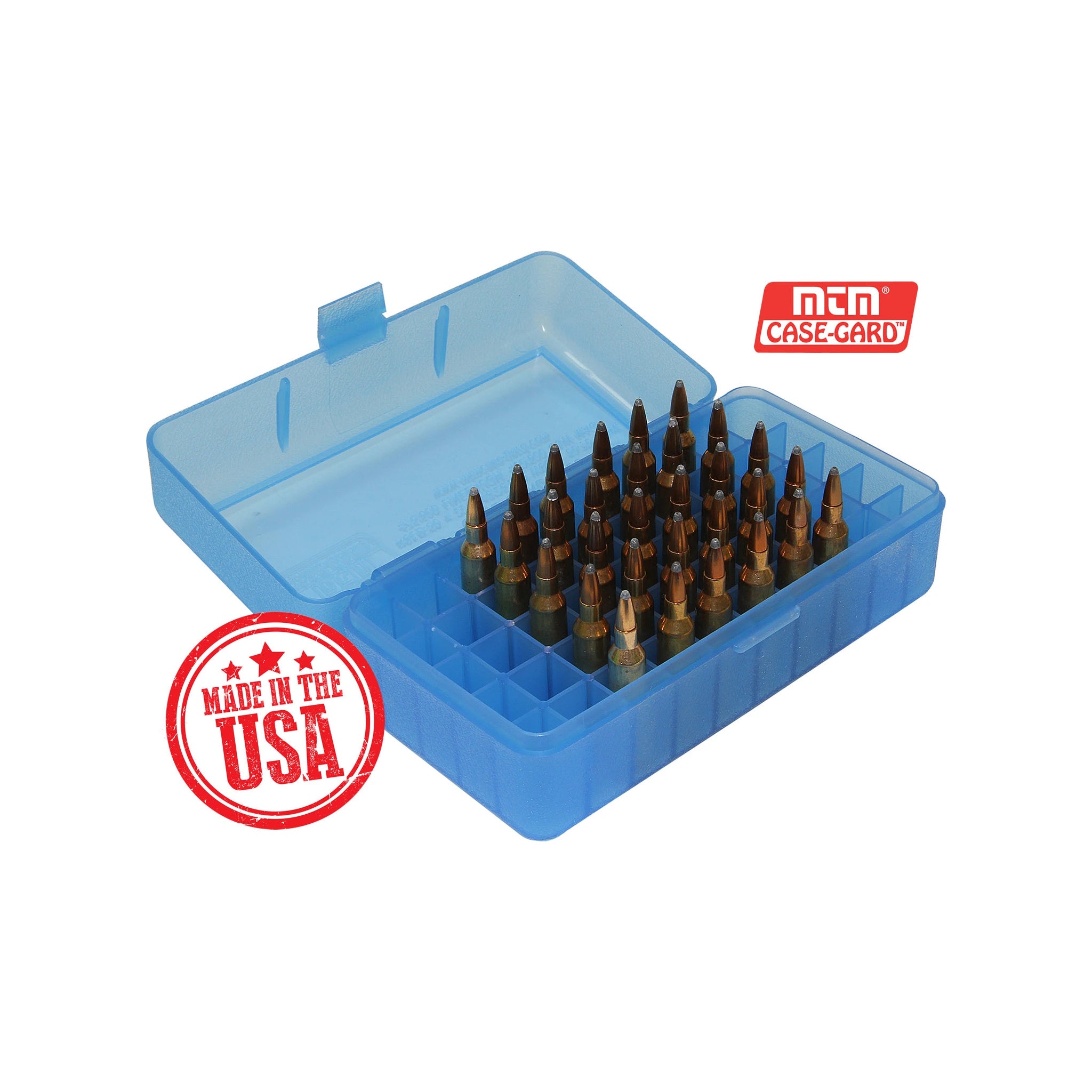 MTM CASE-GARD RSLD-50-24 transparent blaue Patronenbox, geöffnet mit beispielhafter Patronenbestückung