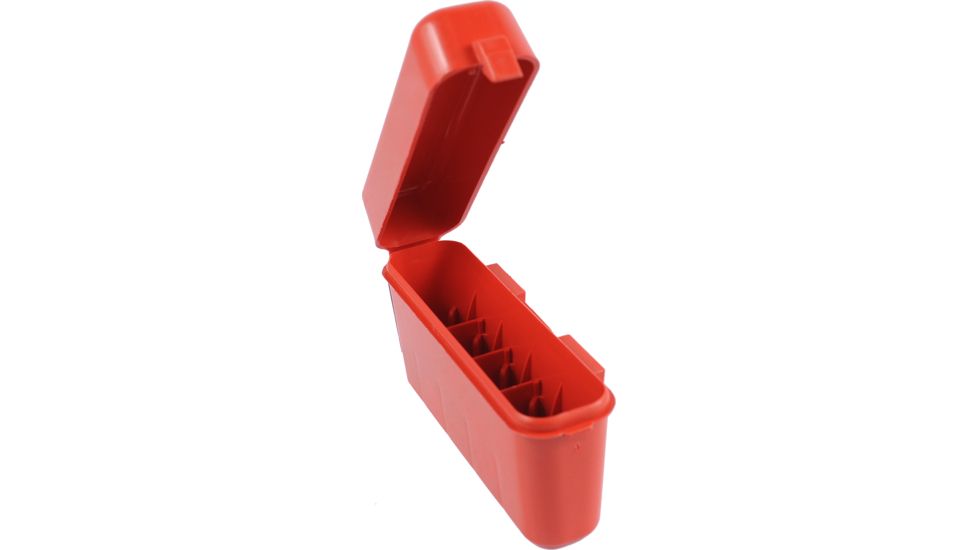 Geöffnete rote MTM S-5-30 Schrotpatronenbox mit fünf leeren Aufnahmen