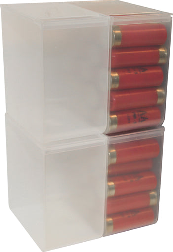 Vier transparente MTM CASE-GARD SS25-00 Schrotpatronenboxen gestapelt