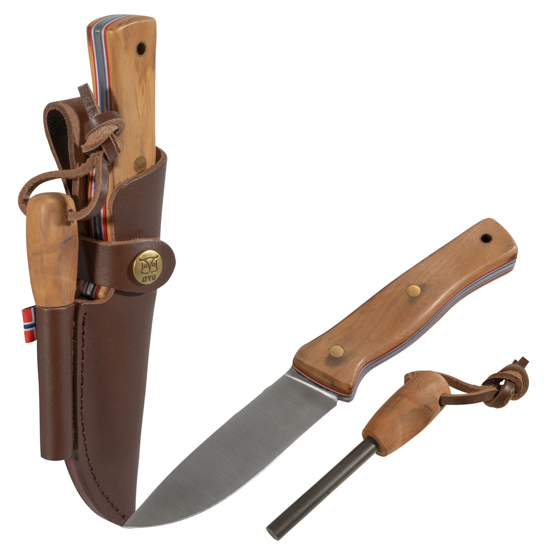 OYO Femunden Survivalmesser mit Olivenholzgriff und Lederscheide