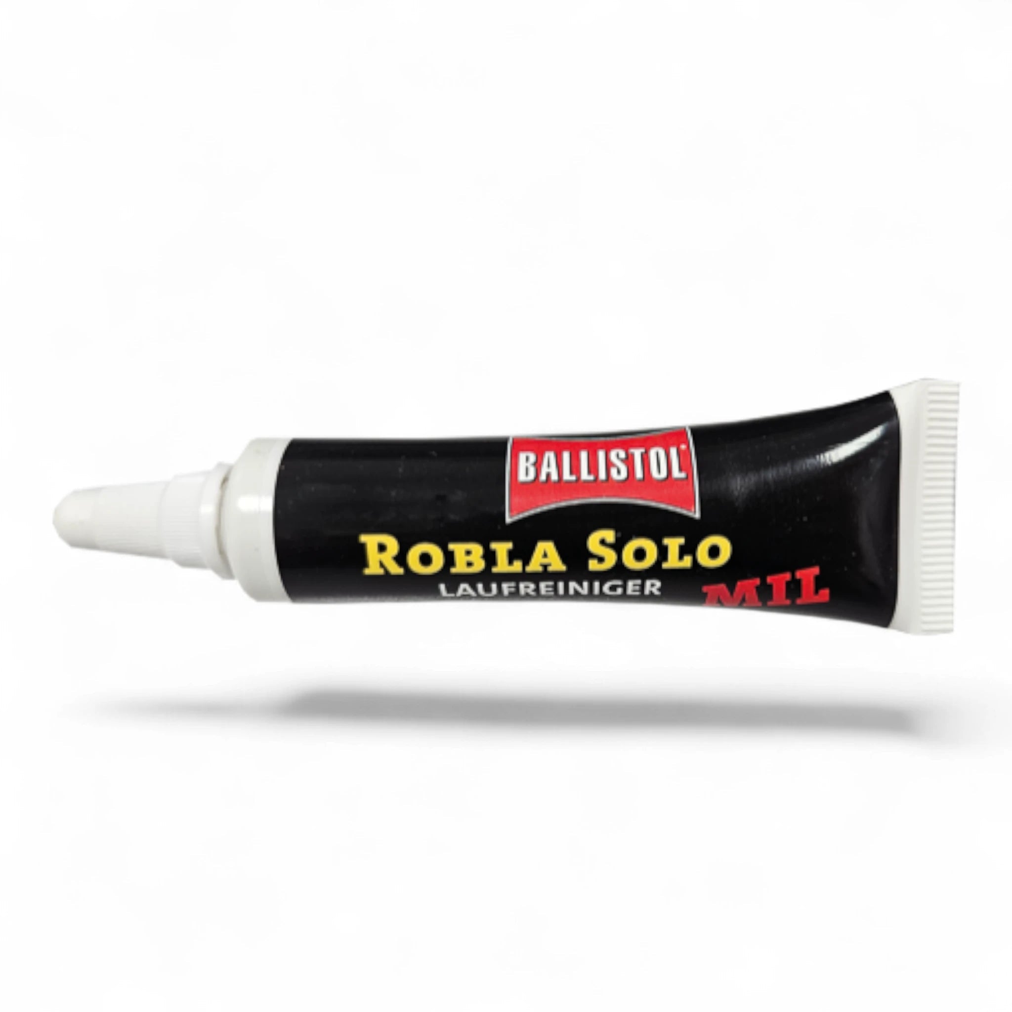Schwarze Tube Ballistol Robla Solo MIL Laufreiniger mit rotem und gelbem Schriftzug, spitze weiße Dosierspitze, 7 ml Inhalt.